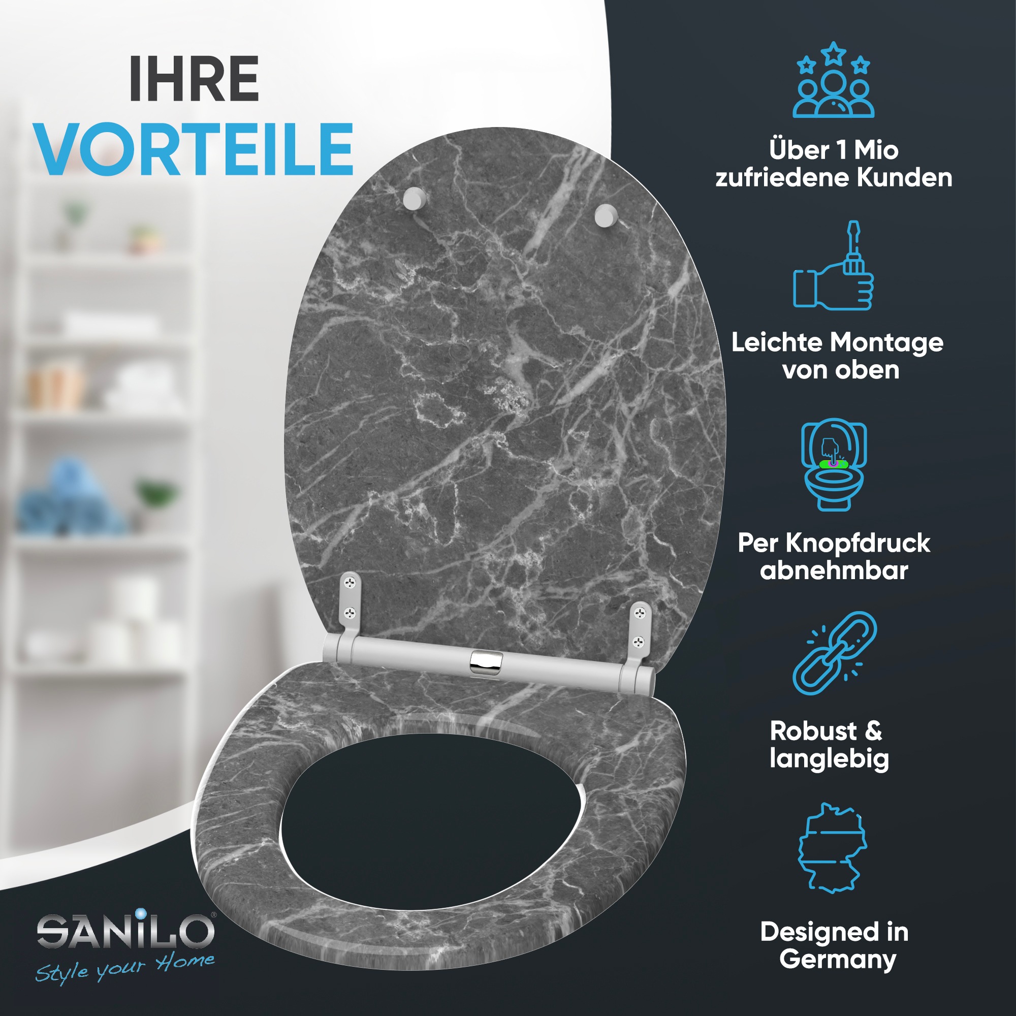 Sanilo WC-Sitz »Marmor Grau mit Absenkautomatik & Quick Release« Premium Toilettendeckel, abnehmbar, leichte Montage von oben