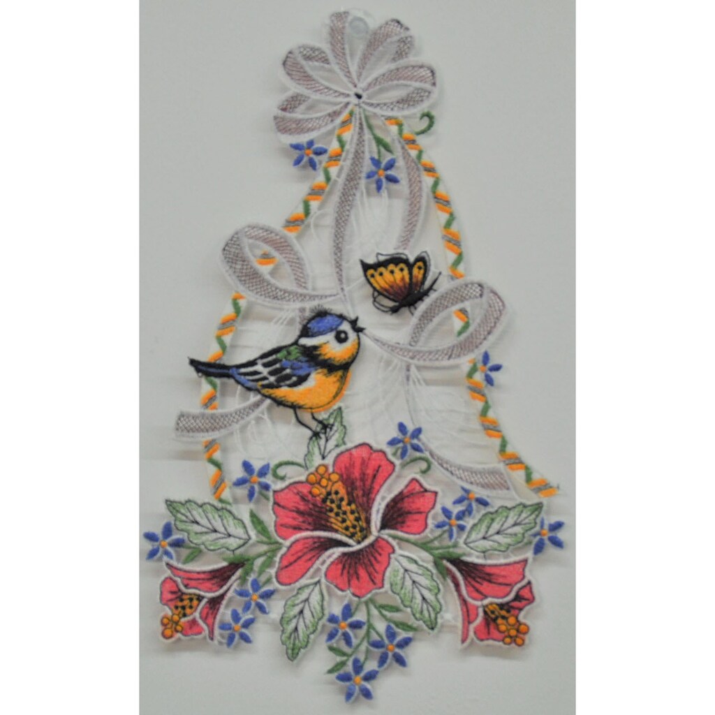 Stickereien Plauen Fensterbild »Vogel mit Hibiskus«