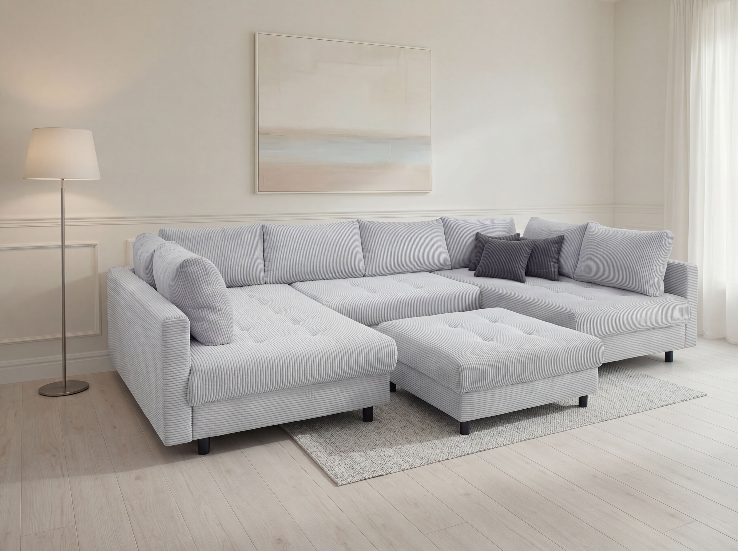 OTTO home Wohnlandschaft »Antonia U-Form, B: 298 cm, inkl. Hocker, Federkernpolsterung« extra große Liegefläche, 282x178cm, inkl. 3 Zierkissen