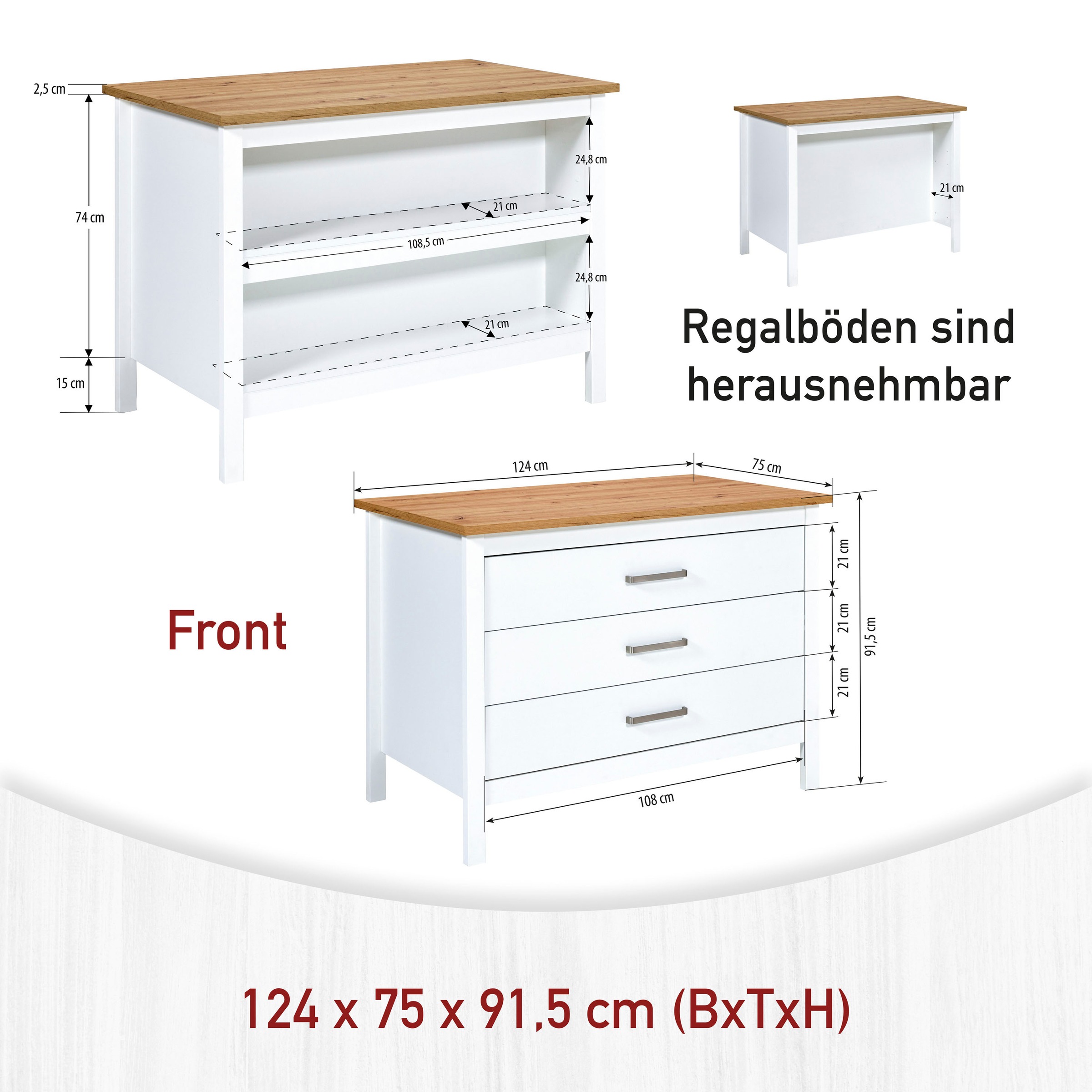 Inter Link Bartisch »Enoli im Skandi Look, multifunktional für Küche & Essbereich, Weiss« 1 Stk. tlg. Kücheninsel mit Soft-Close, Platz für 2 Hocker, 124x75x91 cm