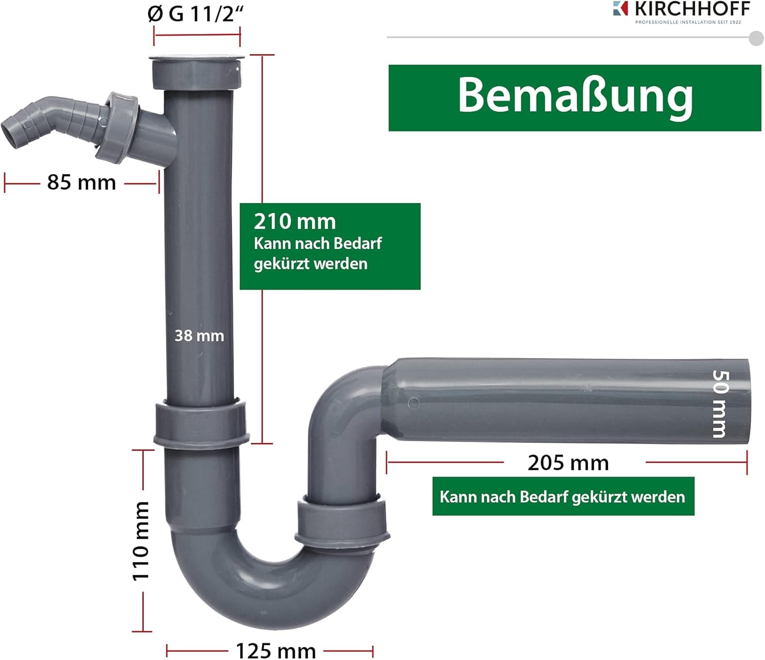 Kirchhoff Siphon »ECO-SAVE«, (Set), KS Spültisch-Röhrensiphon, 1 1/2"IG x 50 mm, mit 3/4" Geräteanschluss