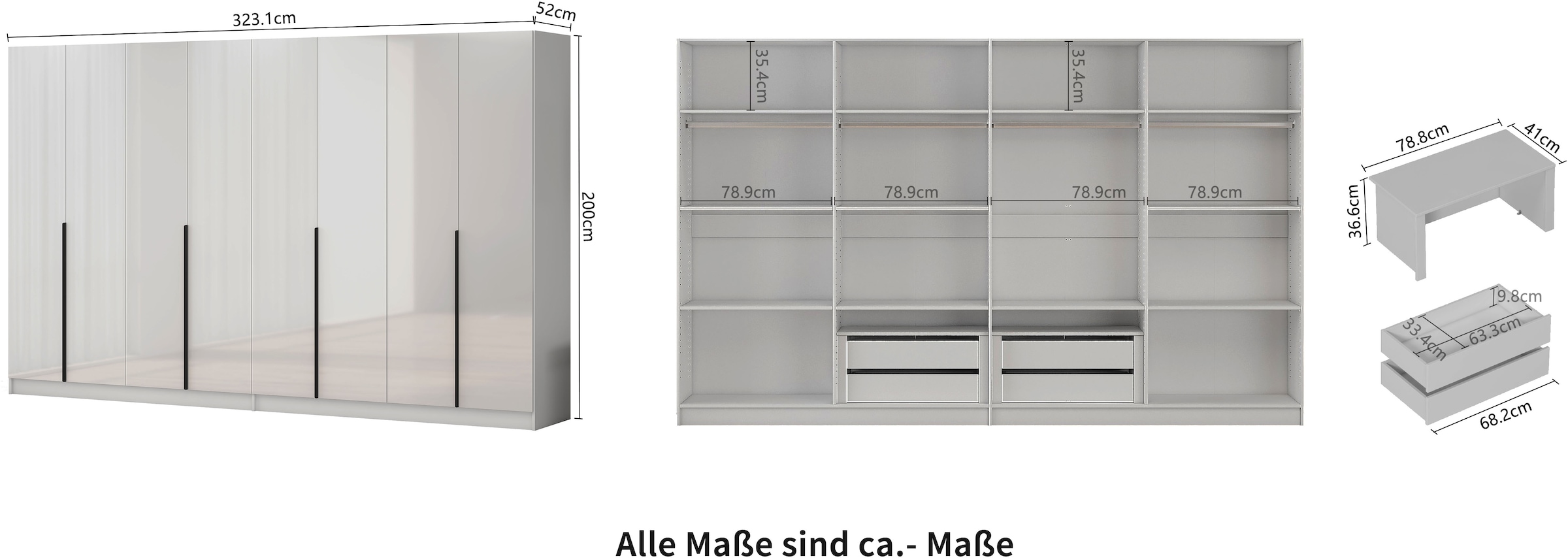 OTTO home Kleiderschrank »Annor Schlafzimmerschrank Breite 323 cm hochglanz Schrank Garderobe« Drehtürenschrank mit perfekter Innenausstattung - elegante Türgriffe