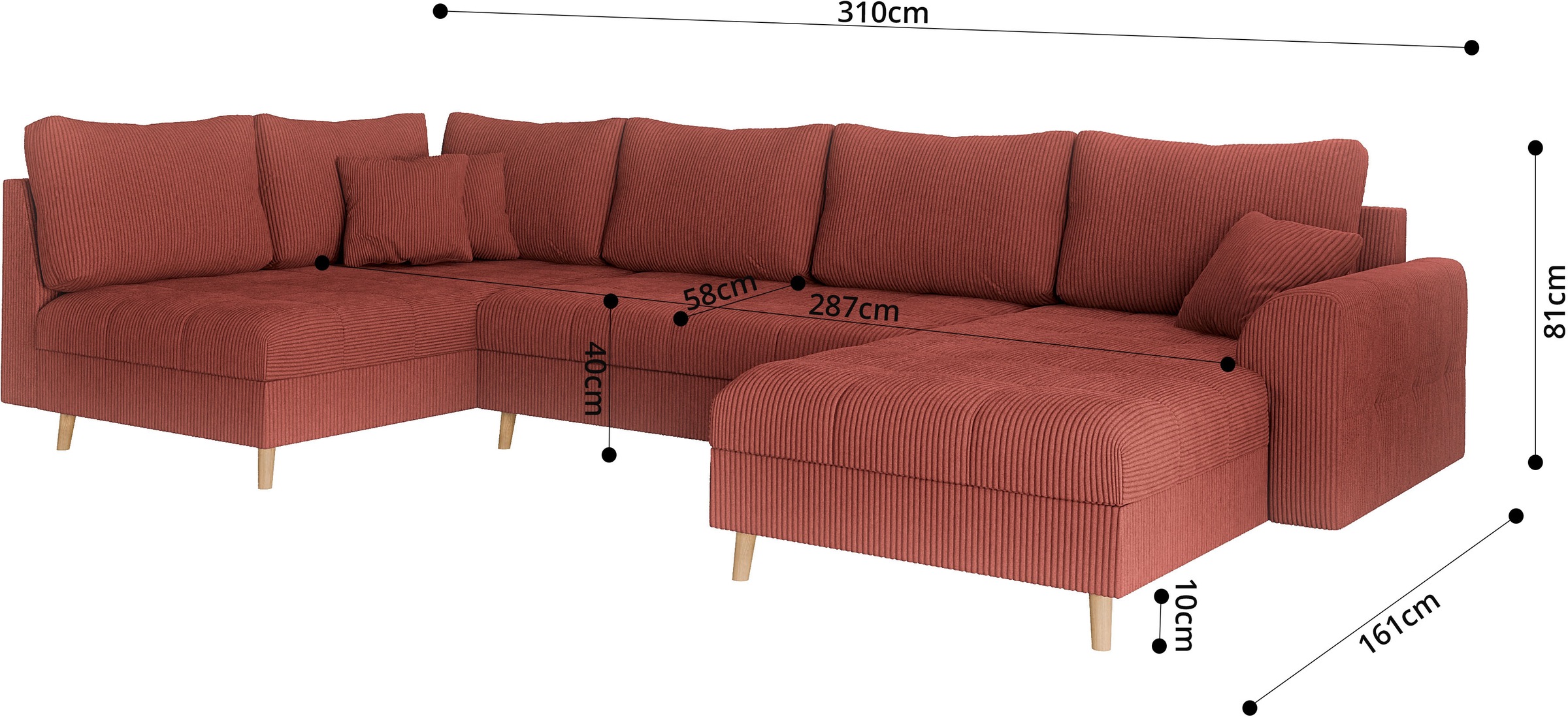 Home affaire Wohnlandschaft »CHARRE U-Form mit Ottomane, Maße B/T/H: 310/161/81 cm«, feine Steppung, lose Rücken- und Zierkissen, auch in Cord und Bouclé