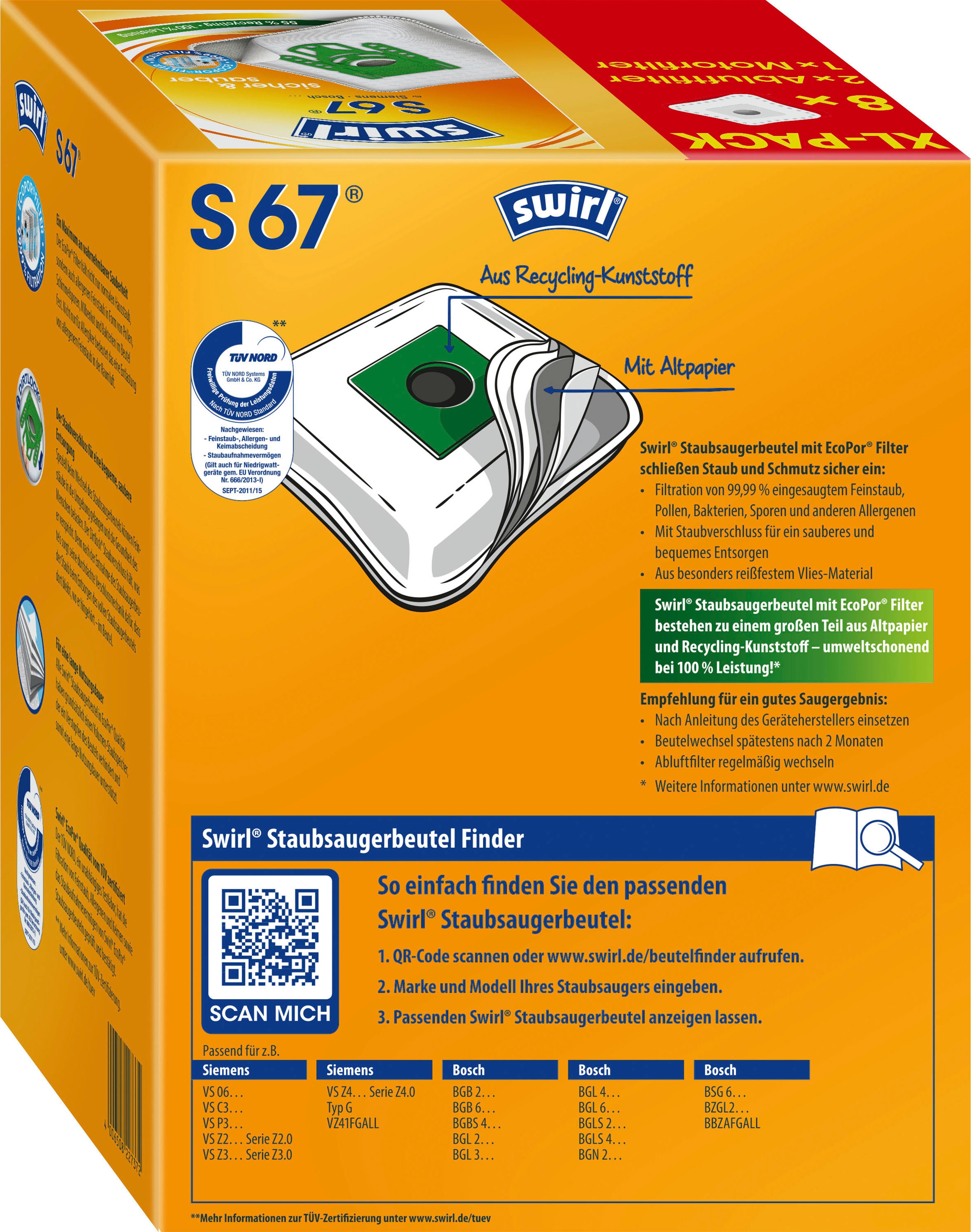 Swirl Staubsaugerbeutel »Swirl® S 67 EcoPor® XL Vorteilspack«, (Packung, 11 St.), für Siemens und Bosch