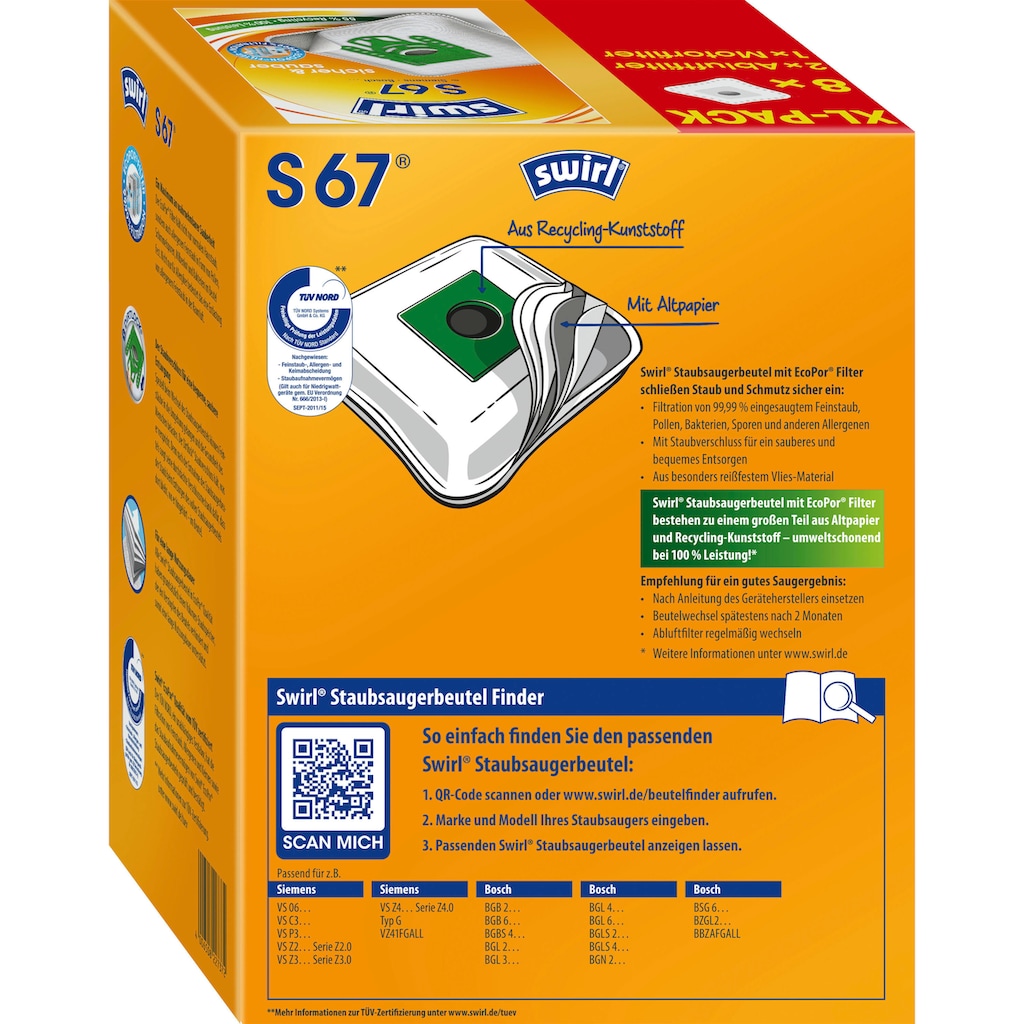 Swirl Staubsaugerbeutel »Swirl® S 67 EcoPor® XL Vorteilspack«, (Packung, 11 St.)