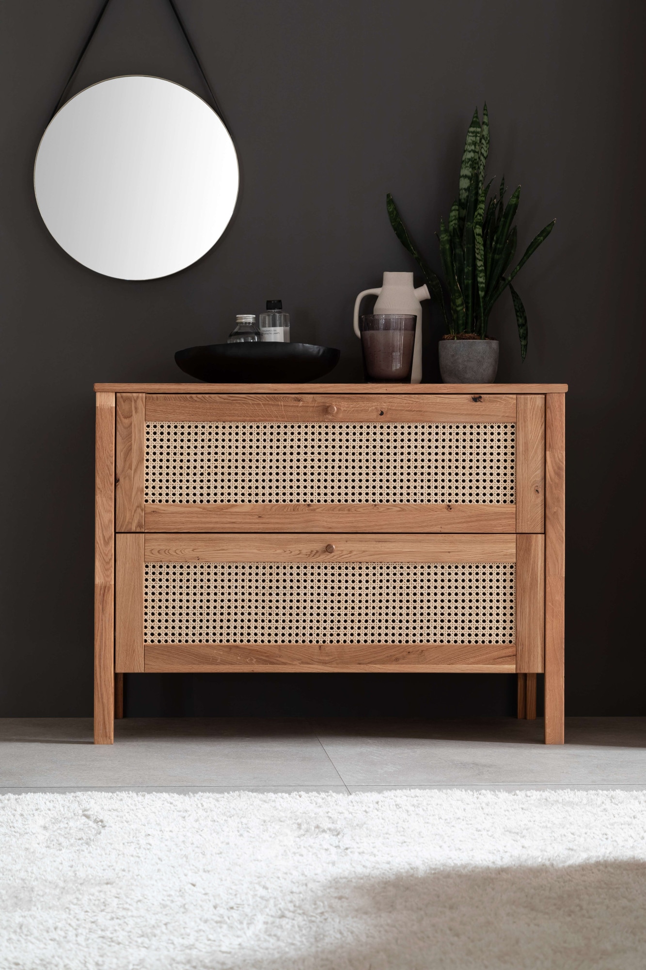 OTTO home Schubkastenkommode "Hällevik, Kommode, Aufbewahrung, mit 2 geräumige Schubladen, Scandi" 1 Stk. tlg. Schubladenfronten mit Wiener Geflecht, massive Eiche, Soft-Close