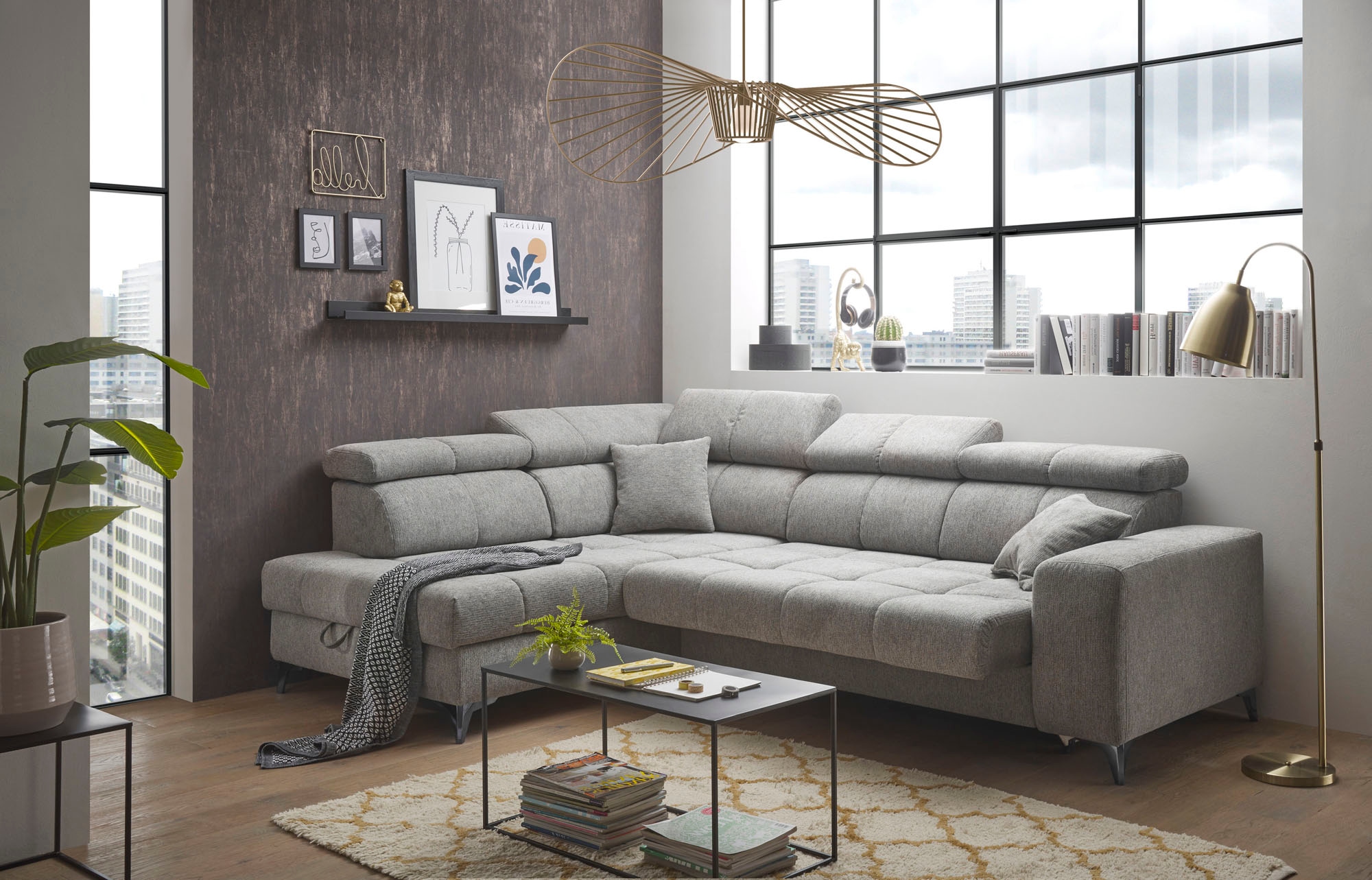 ED EXCITING DESIGN Ecksofa »Sydney L-Form mit Bettfunktion, Bettkasten, Kopfteilverstellung«, motorischer Sitztiefenverstellung, USB-Port & 2 Zierkissen