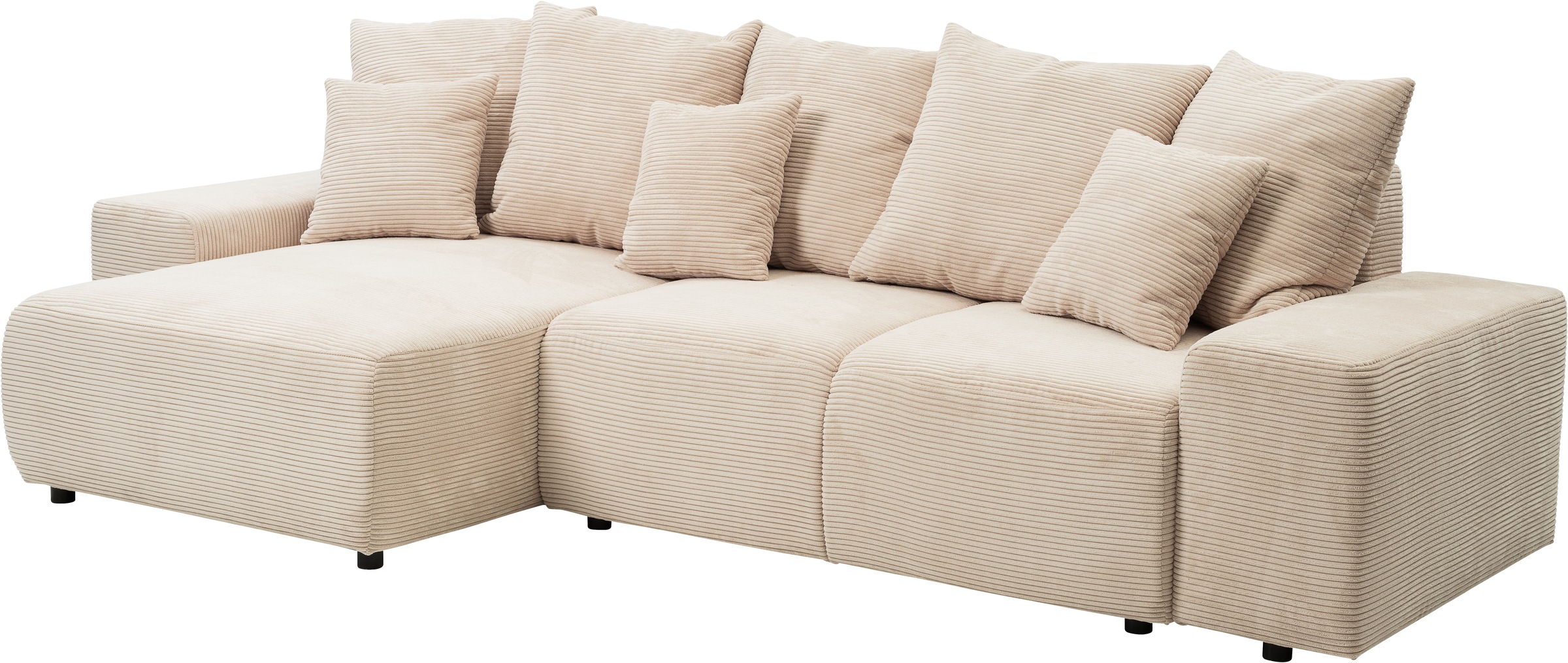 WERK2 Ecksofa »Riwa, modernes Sofa zum Kuscheln und Entspannen, Breite 300cm, L-Form«, Trendiges Ecksofa mit vielen Kissen, Schlaffunktion & Bettkasten