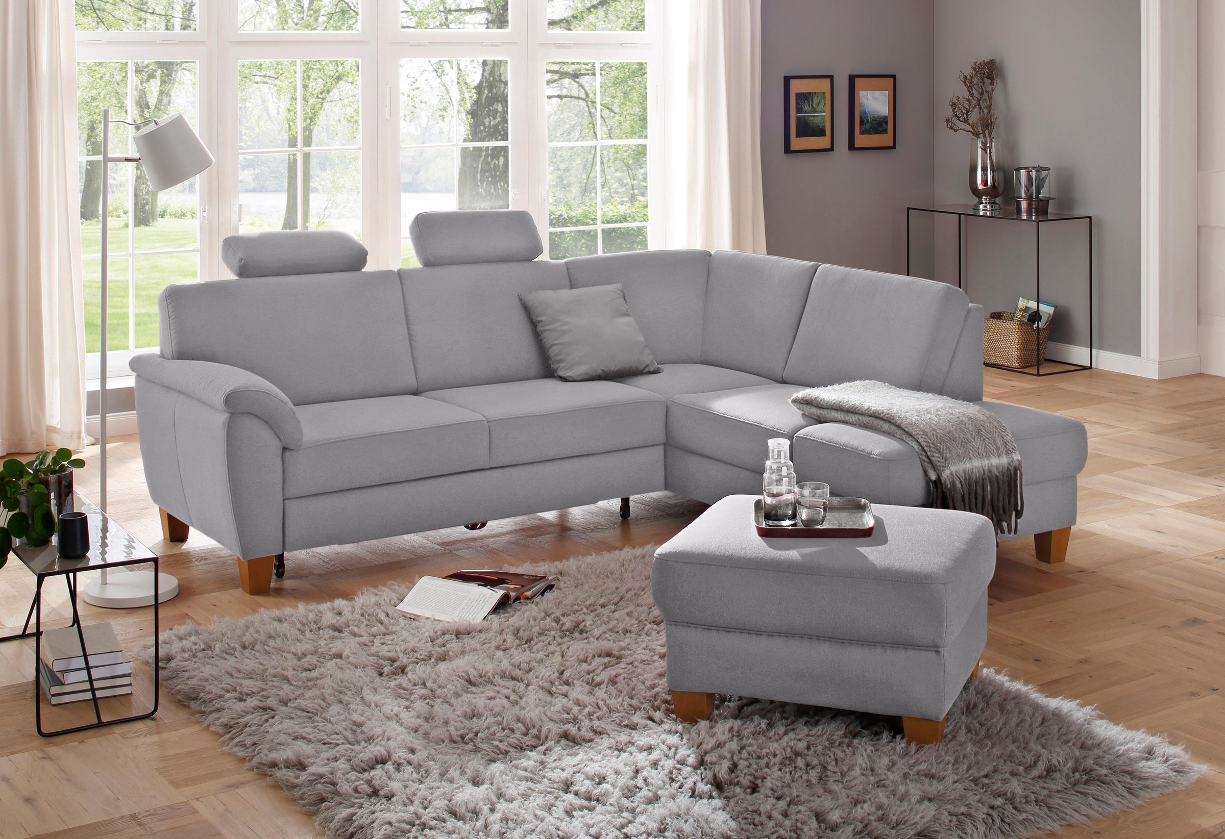 Ecksofa HOME AFFAIRE "Alta L-Form", grau, B:250cm H:89cm T:201cm, Struktur ( 100% Polyester);Struktur fein ( 100% Polyester);Luxus-Microfaser ALTARA NUBUCK (100% Polyester), Sofas, Ecksofa, mit Federkern und Kontrastnaht, Füße Buche eichefarben 6
