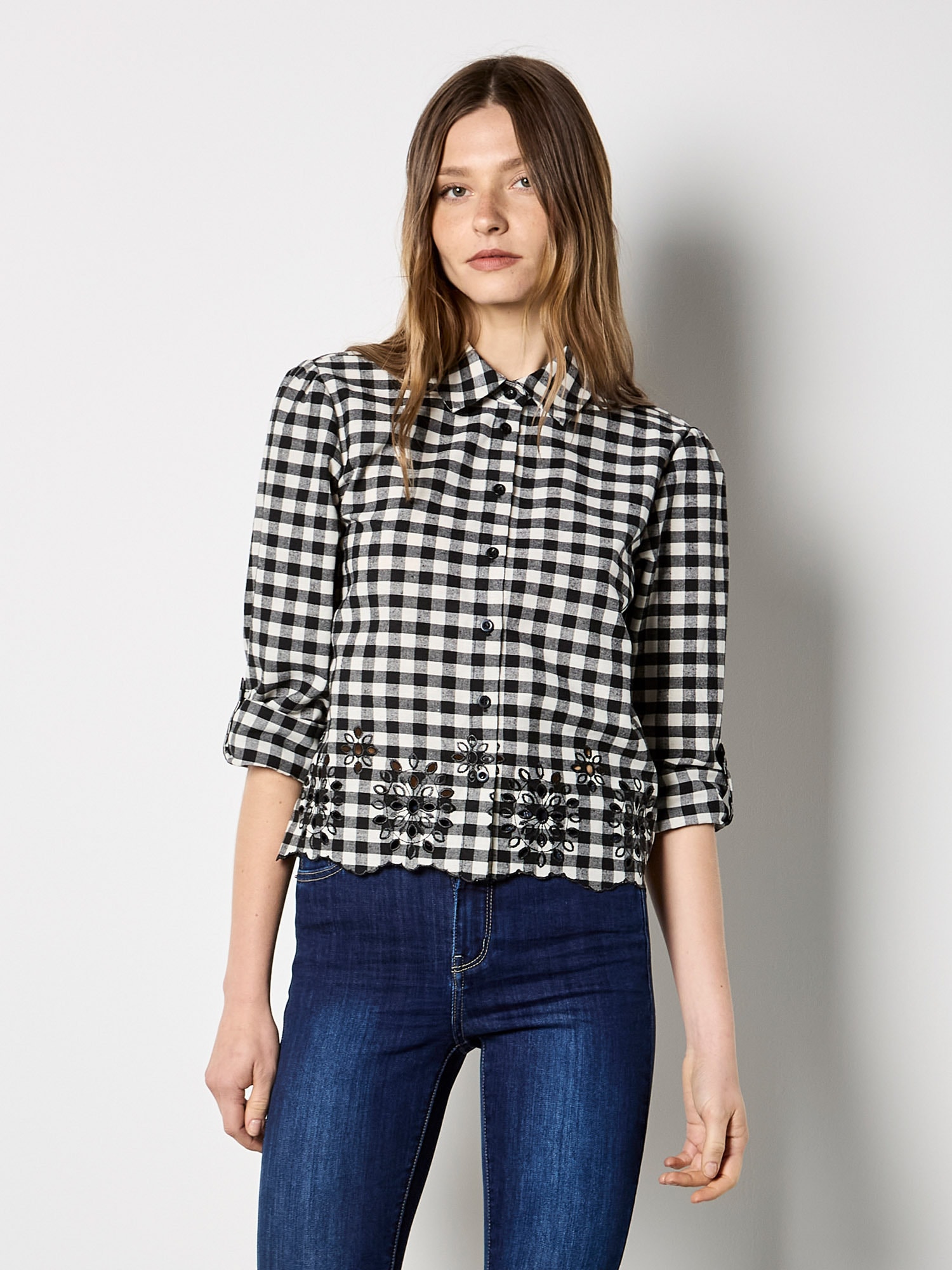 Apricot Hemdbluse "Gingham-Hemd" mit besticktem Saum