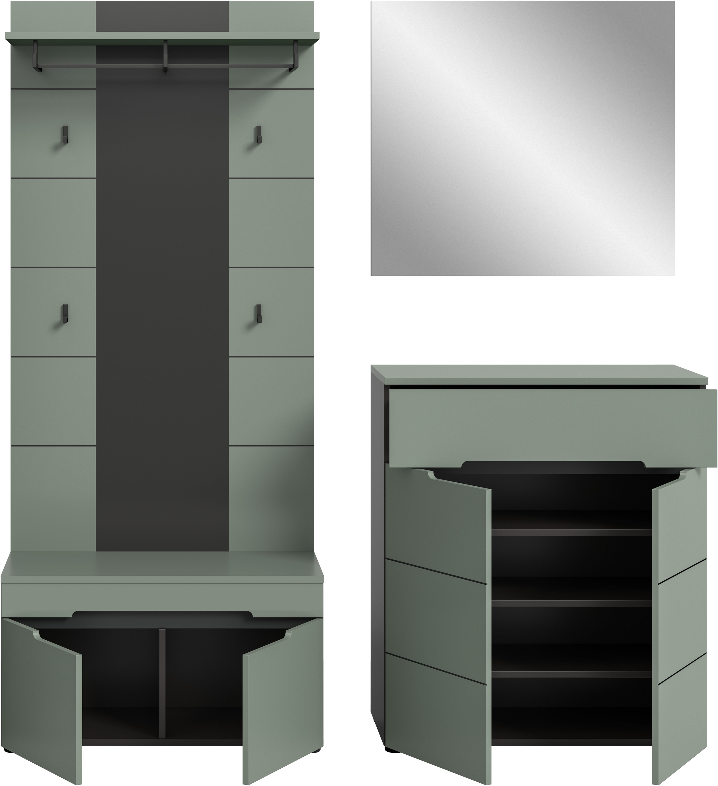 Home affaire Garderoben-Set »REHAT, TOPSELLER!, 4-teilig, Breite 175 cm, individuell erweiterbar« Set, bestehend aus: Sitzbank, Paneel, Spiegel und Kommode, 4 Stk. tlg.