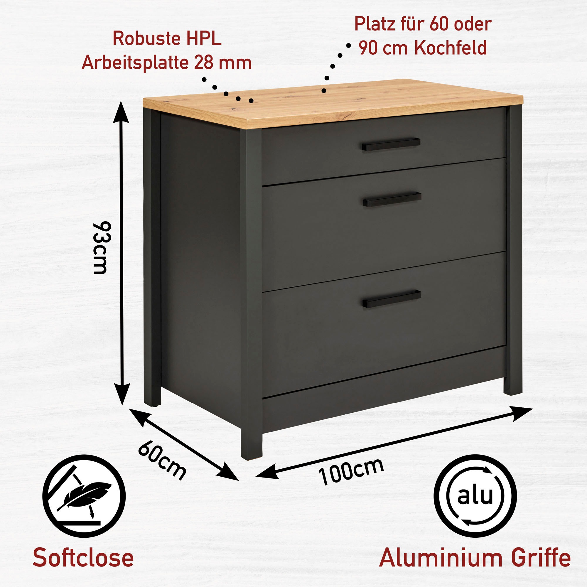 Inter Link Unterschrank »Veneto« 1 Stk. tlg. Für 60/90-cm Kochfeld, Soft-Close, Füße höhenverstellbar, 100x60x92