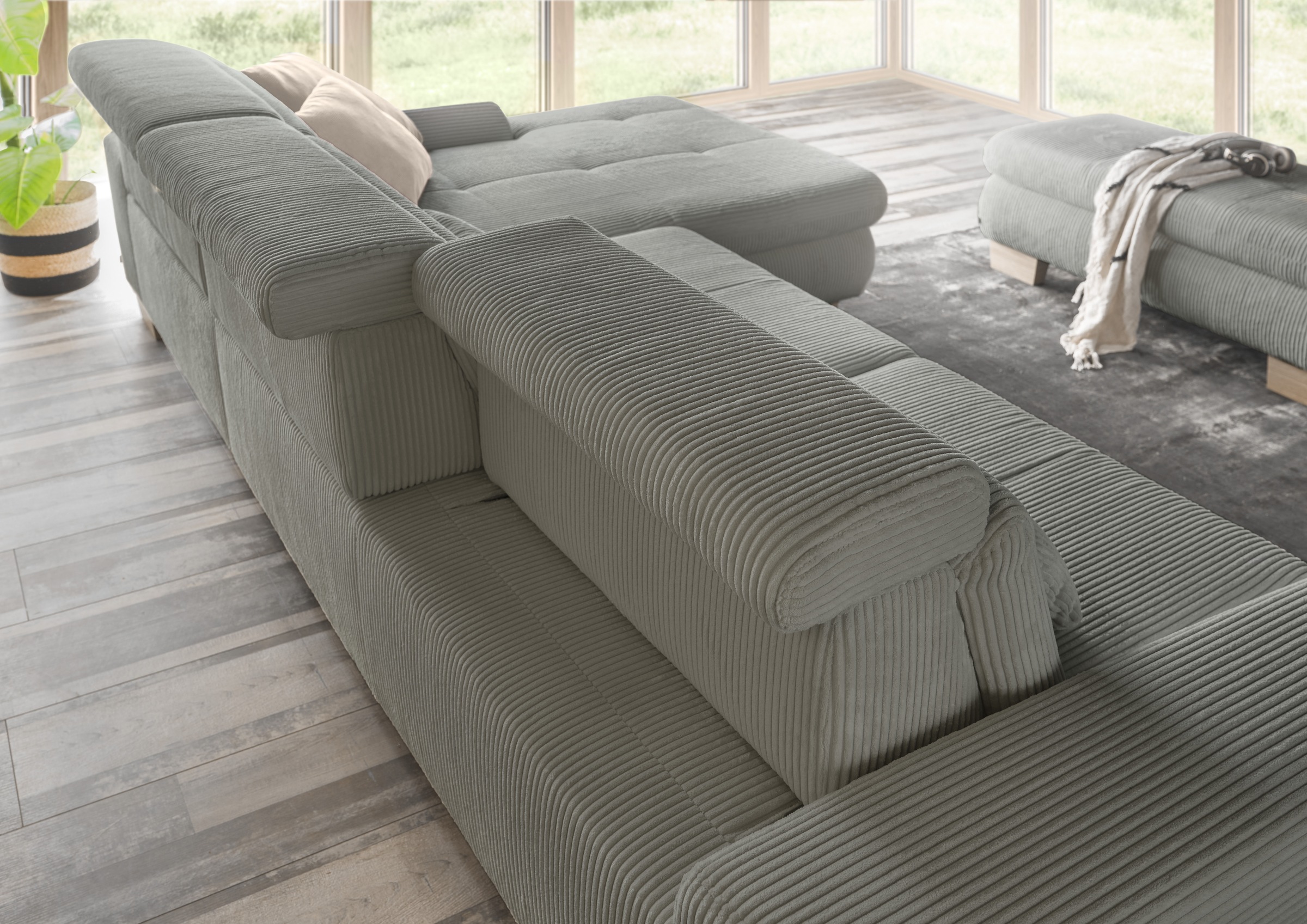 set one by Musterring Ecksofa, Kopteil verstellbar, mit Bettfunktion, in Cord, lind, Sitzhöhe 49