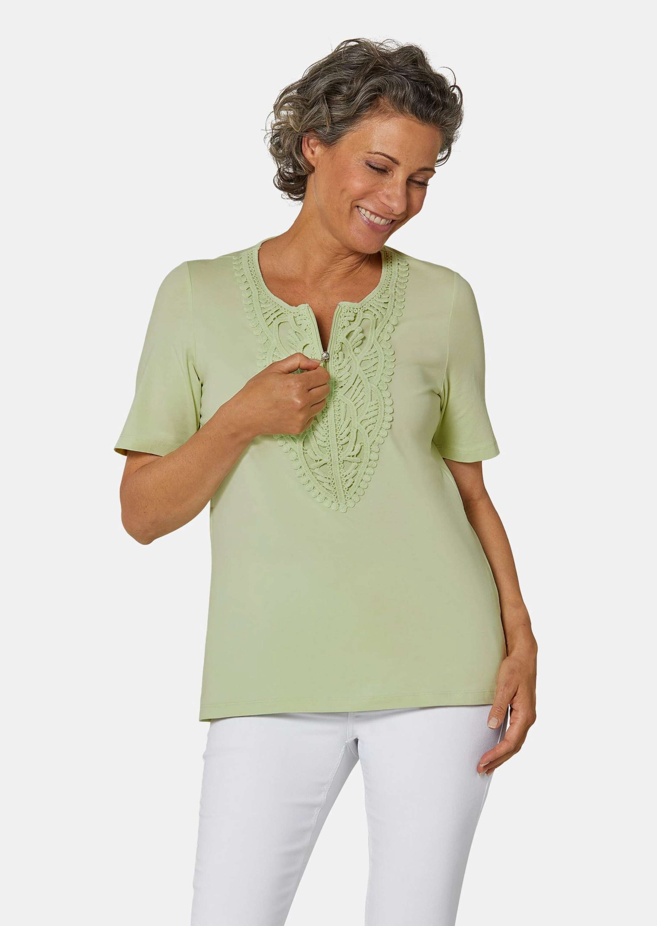 GOLDNER Kurzarmshirt »Rundhalsshirt mit Häkelspitze«