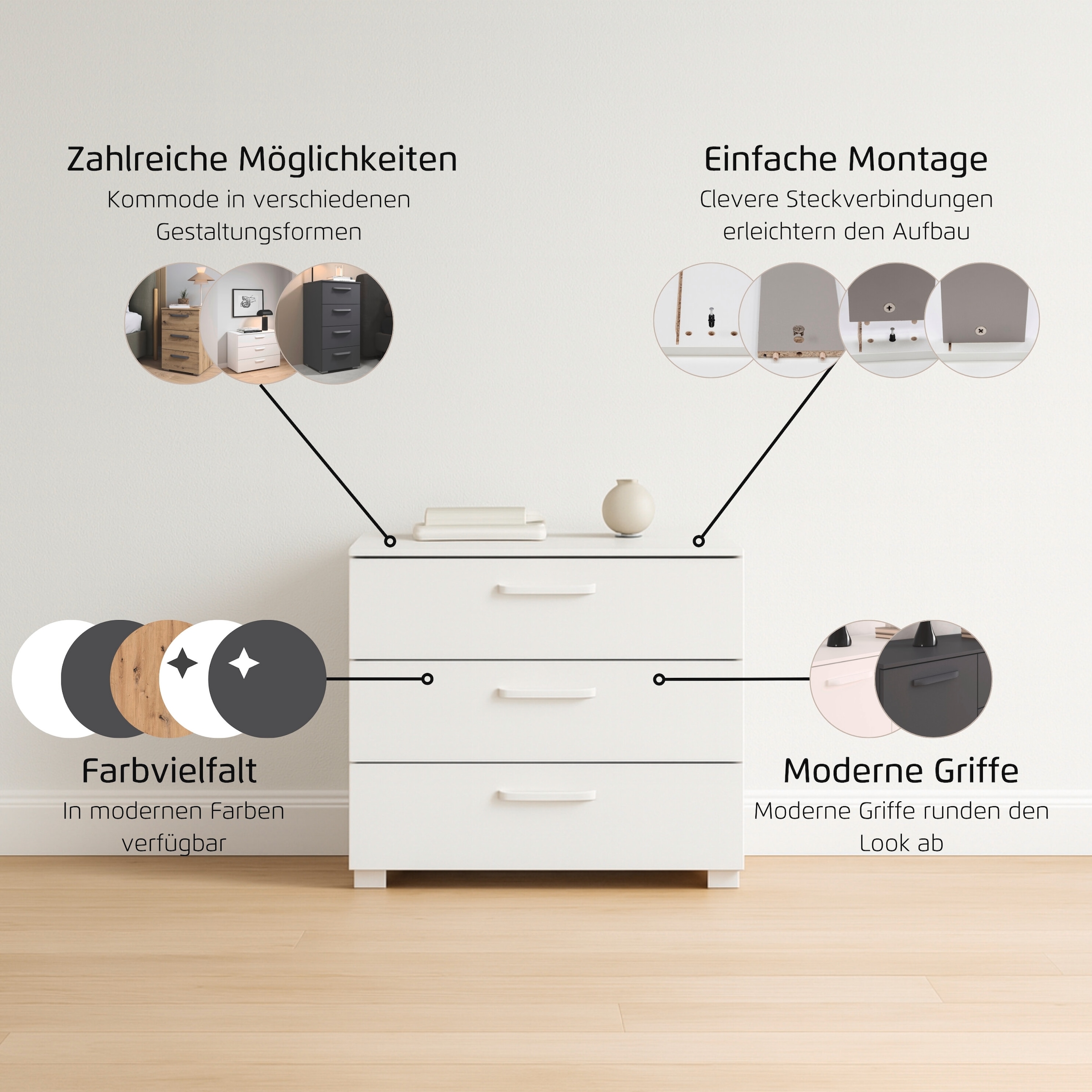 rauch Schubkastenkommode »Sideboard Schubladenkommode OTELI mit Dekor- und Hochglanzfront« Breite 80 cm inkl. Soft-Close-Funktion,  mit 3 geräumigen Schubladen für viel Stauraum MADE IN GERMANY