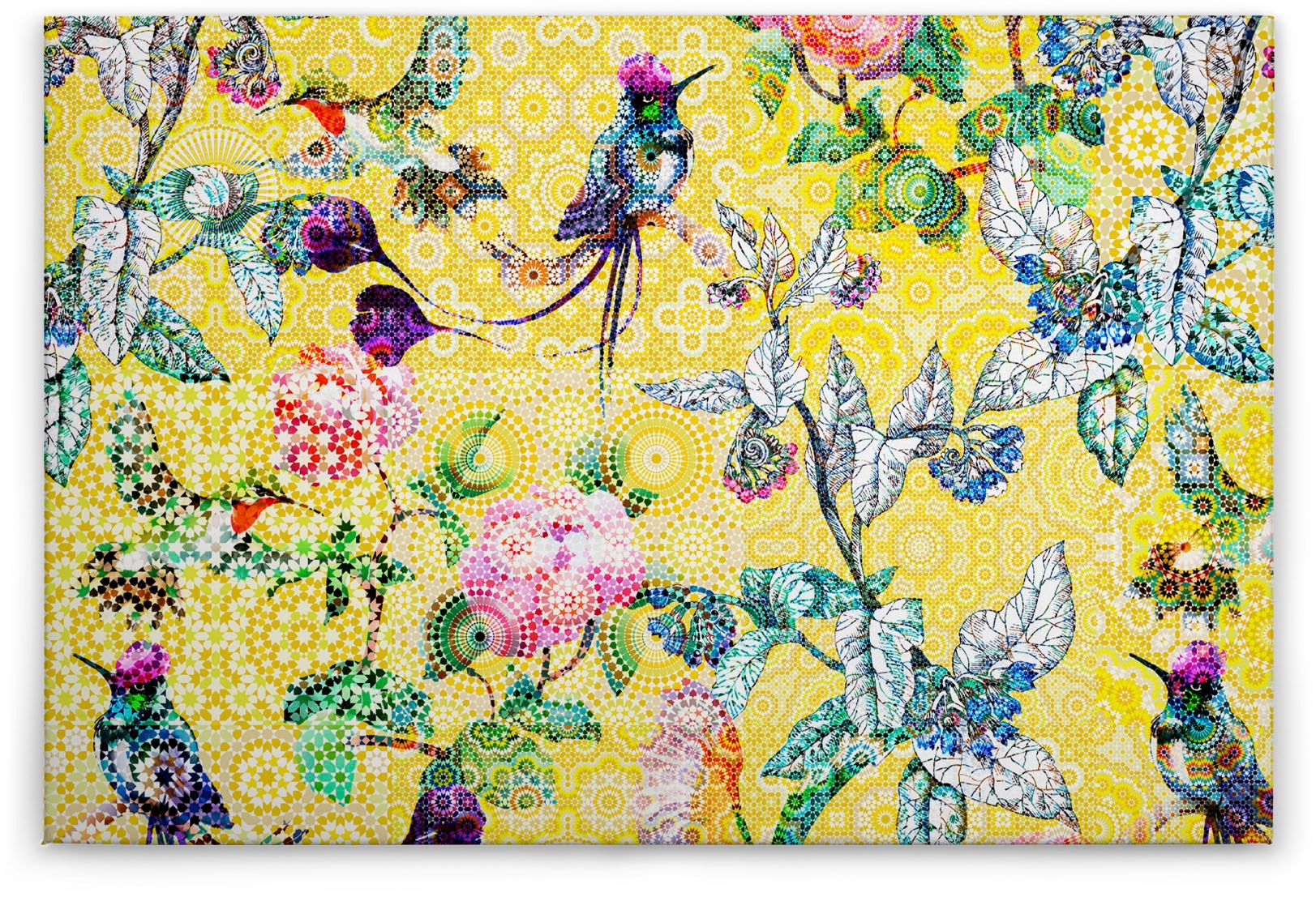 A.S. Création Leinwandbild "exotic mosaic", Vögel, (1 St.), Mosaik Keilrahmen Bild Floral Blumen Vögel