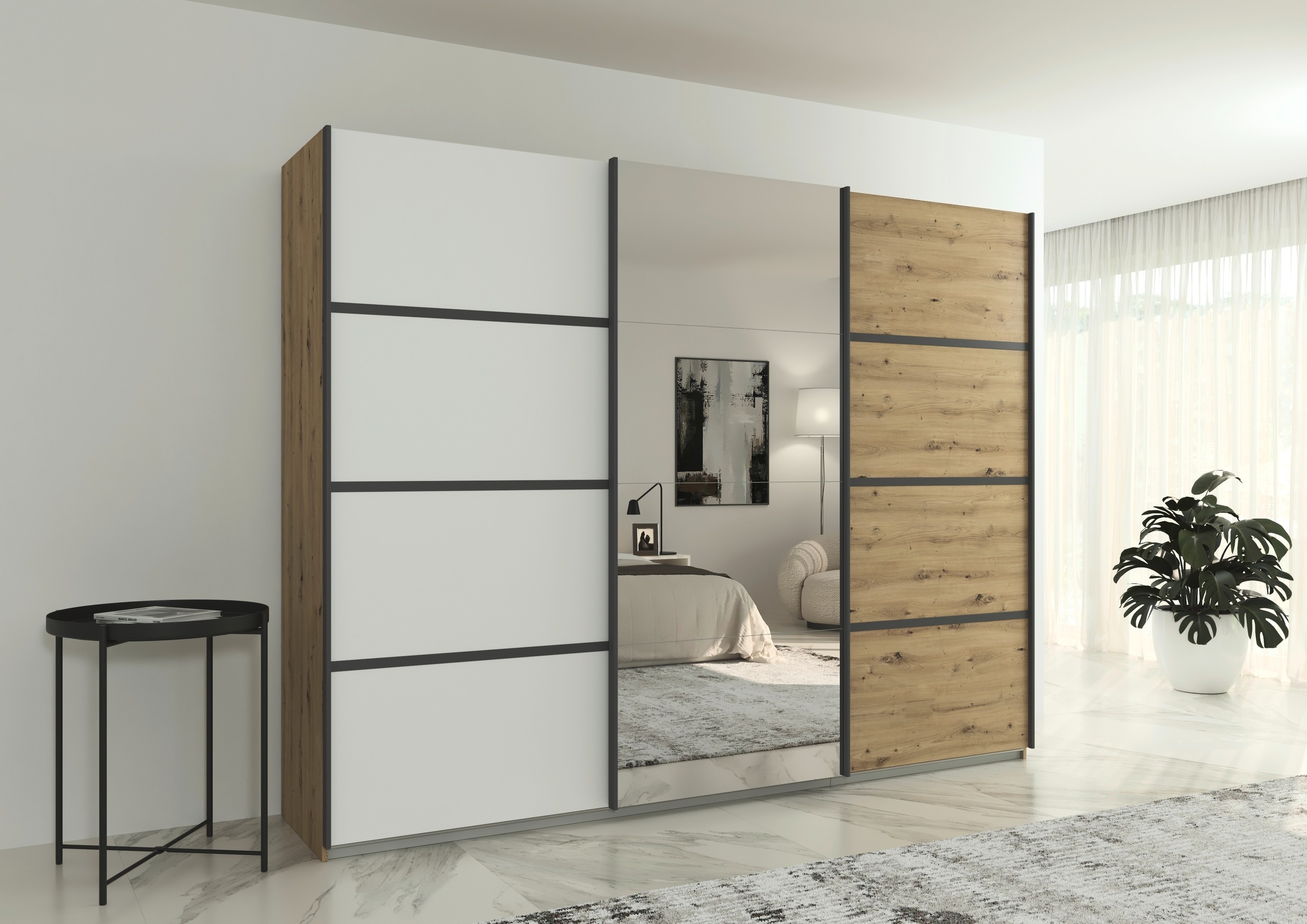 rauch Kleiderschrank »Schwebetürenschrank OTTO´s Choice Garderobe Schrank TOP ANGEBOT Avola«, (in 3 verschiedenen Ausstattungen BASIC/CLASSIC/PREMIUM inkl. Spiegel), mit eleganten Zierleisten in Chrom, Schwarz oder Weiß MADE IN GERMANY