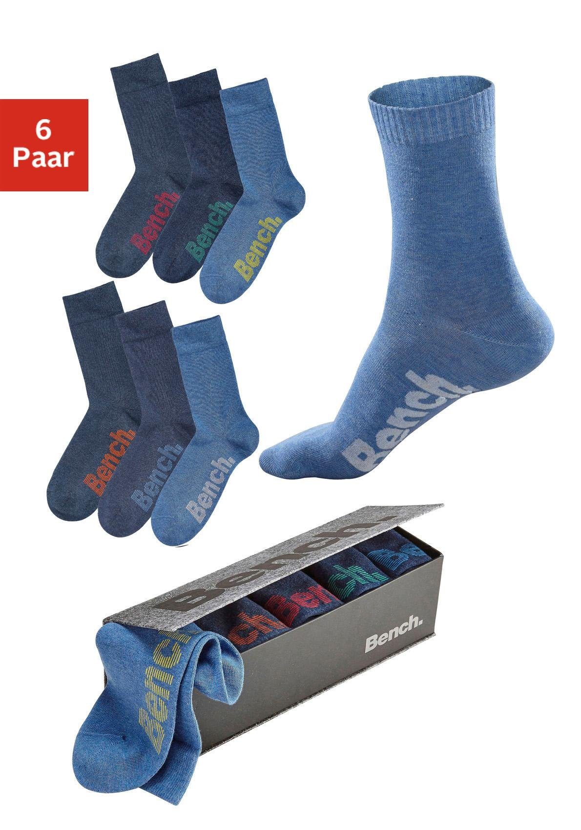 Bench. Socken "Damen Herren Basic Socken für Freizeit und Alltag" Box, 6 Stk. tlg. in der praktischen Box mit verschiedenfarbigen Logos