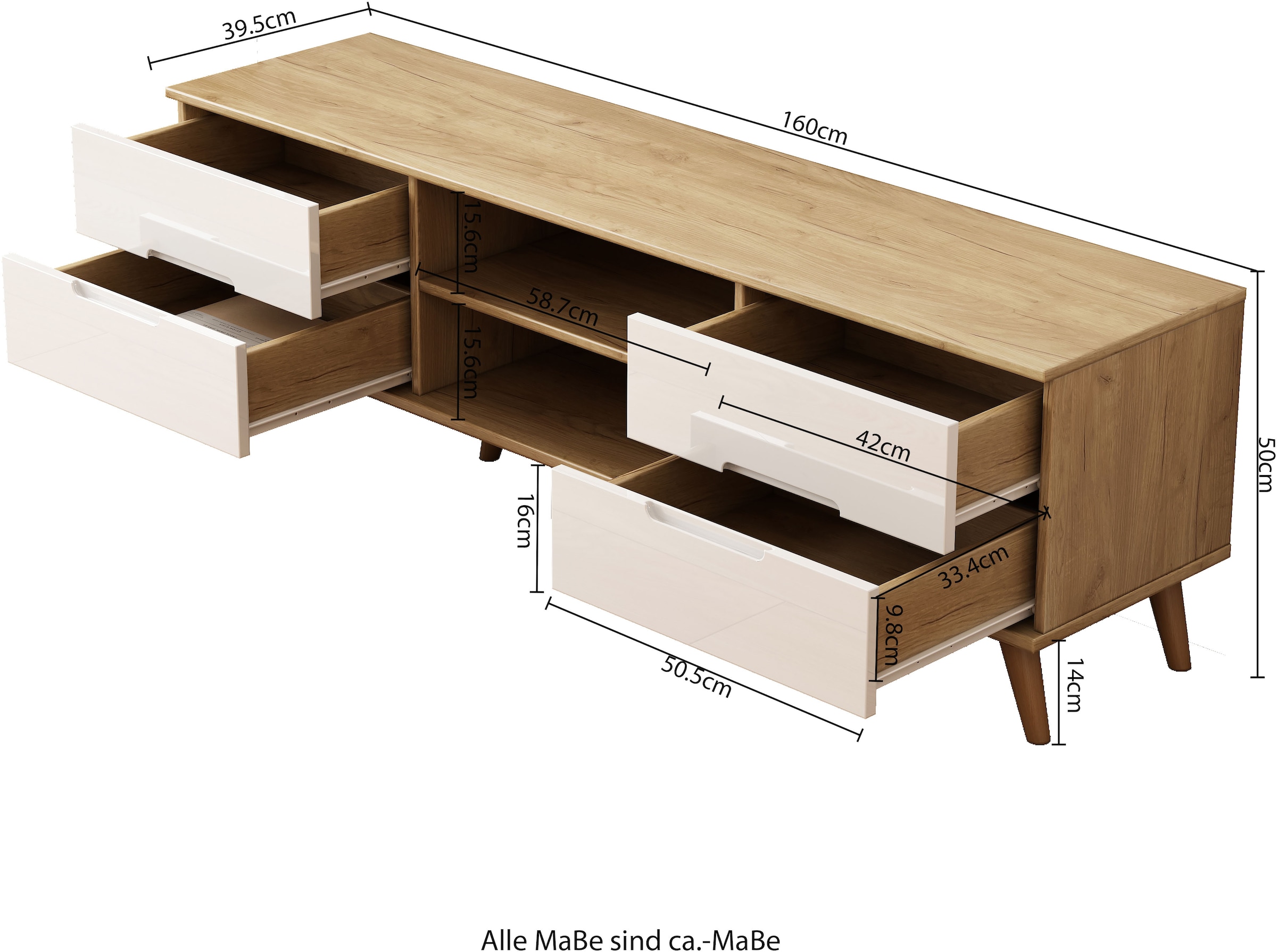 OTTO home TV-Board »Lund« glänzende Fronten, Kabeldurchführung, helles Holzdekor, Breite 160 cm