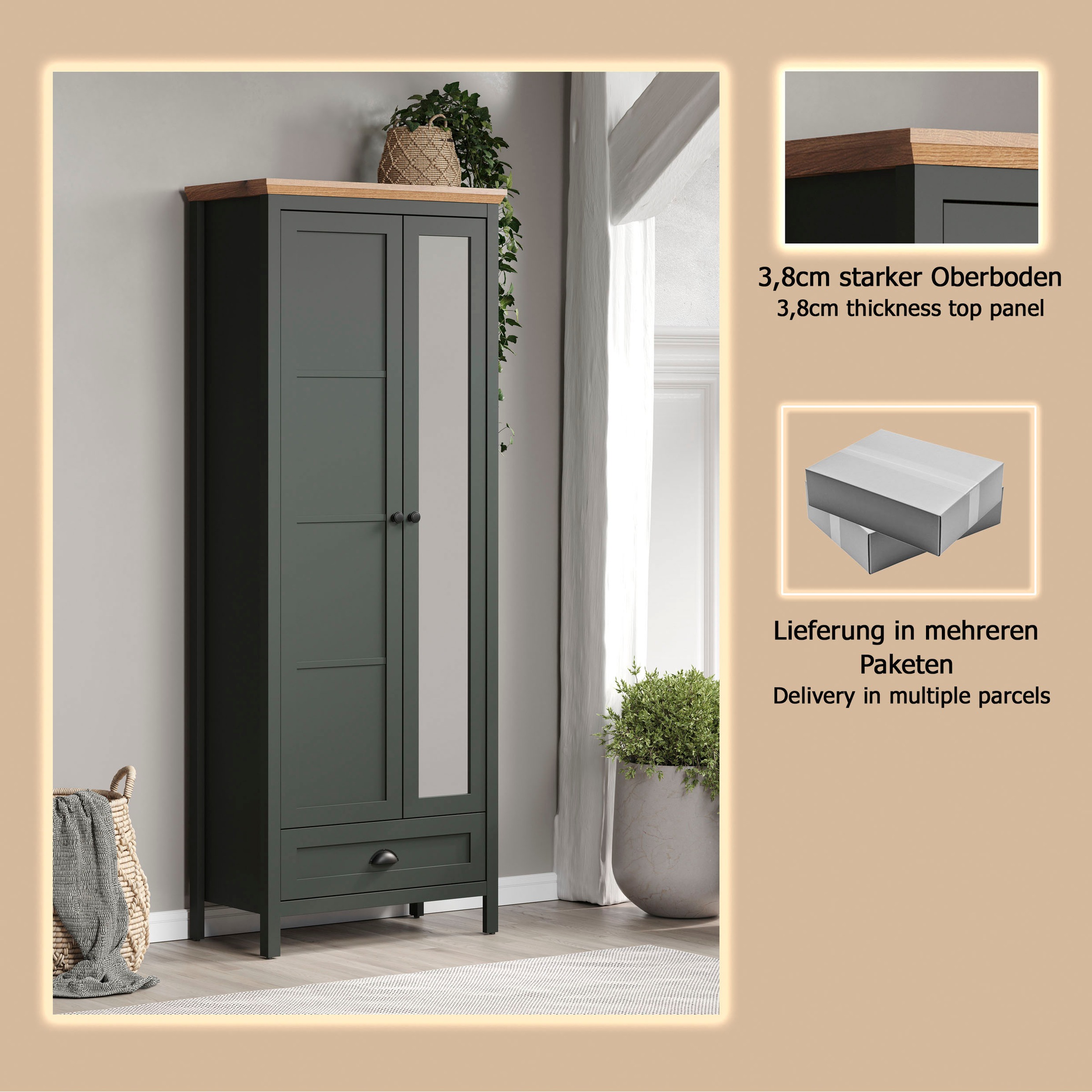 Home affaire Garderobenschrank »Vienna« 1 Stk. tlg. Garderobenschrank, 2 Türen, 1 Schubkasten & Vollauszug 77/39/198 cm