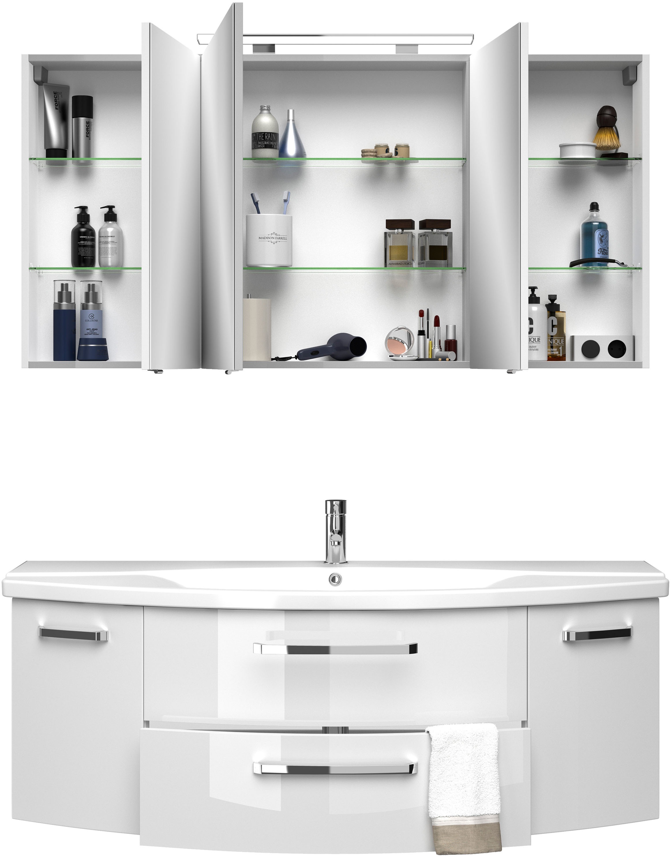 Saphir Badmöbel-Set »Serie 4010 2-teilig Keramik-Waschtisch mit LED-Spiegelschrank«, (Set), Badezimmer Set 144 cm breit, inkl. Türdämpfer, 5 Türen, 2 Schubladen