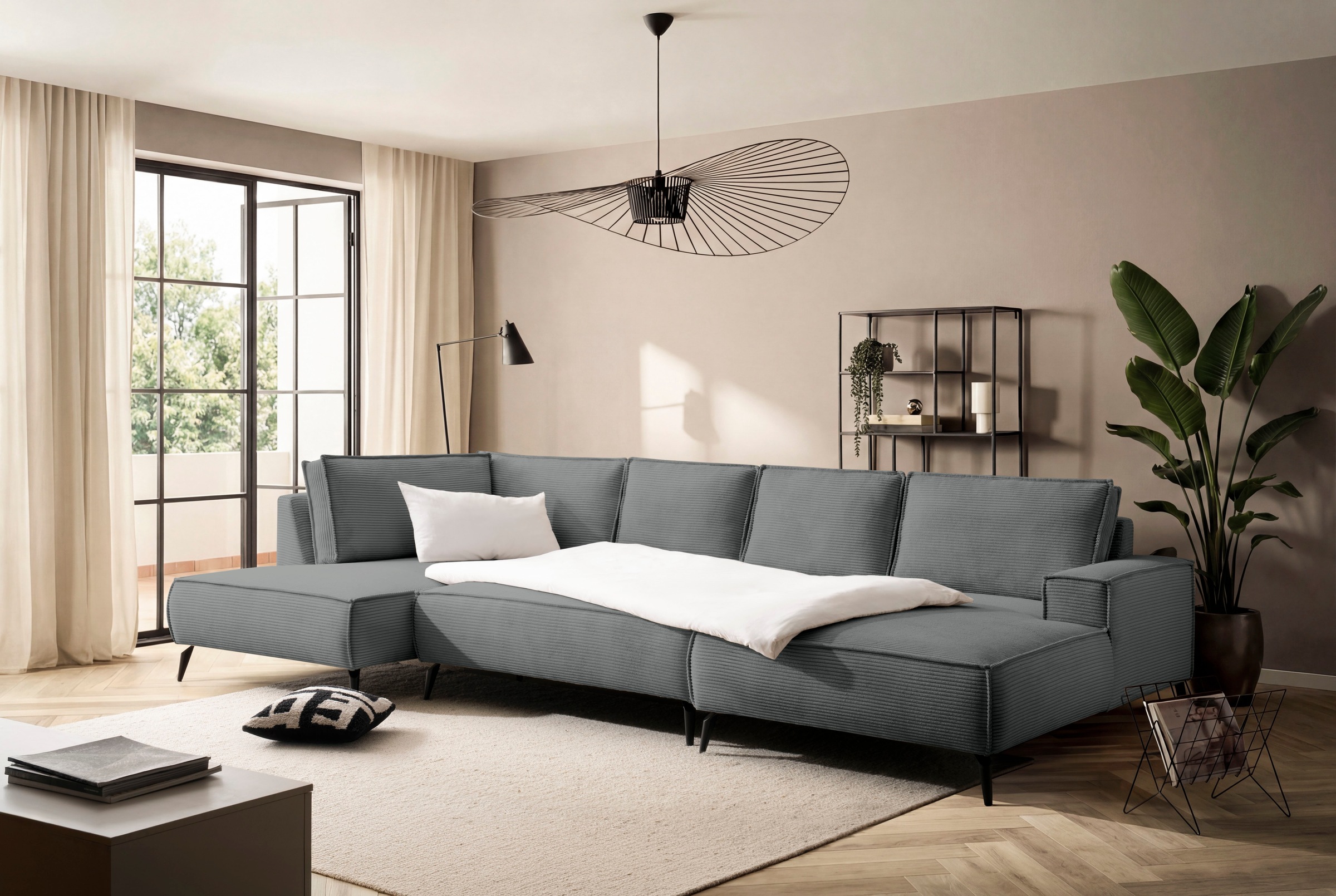 Home affaire Wohnlandschaft »Tvinnu, moderne U-Form, Couch in Cord oder Webstoff in Leinenoptik« Recamiere rechts/links, schwarze Metallfüße, bequeme Sitz-/Liegefläche