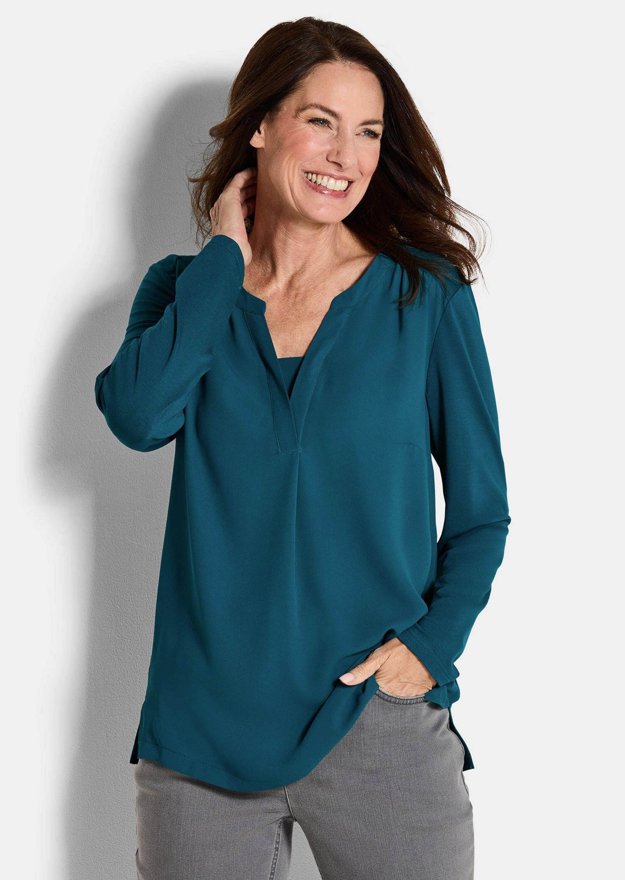 GOLDNER Kurzarmbluse »Kurzgröße Langarm Damen Unibluse mit Chiffoneinsatz und Rundhalsaussschnitt«