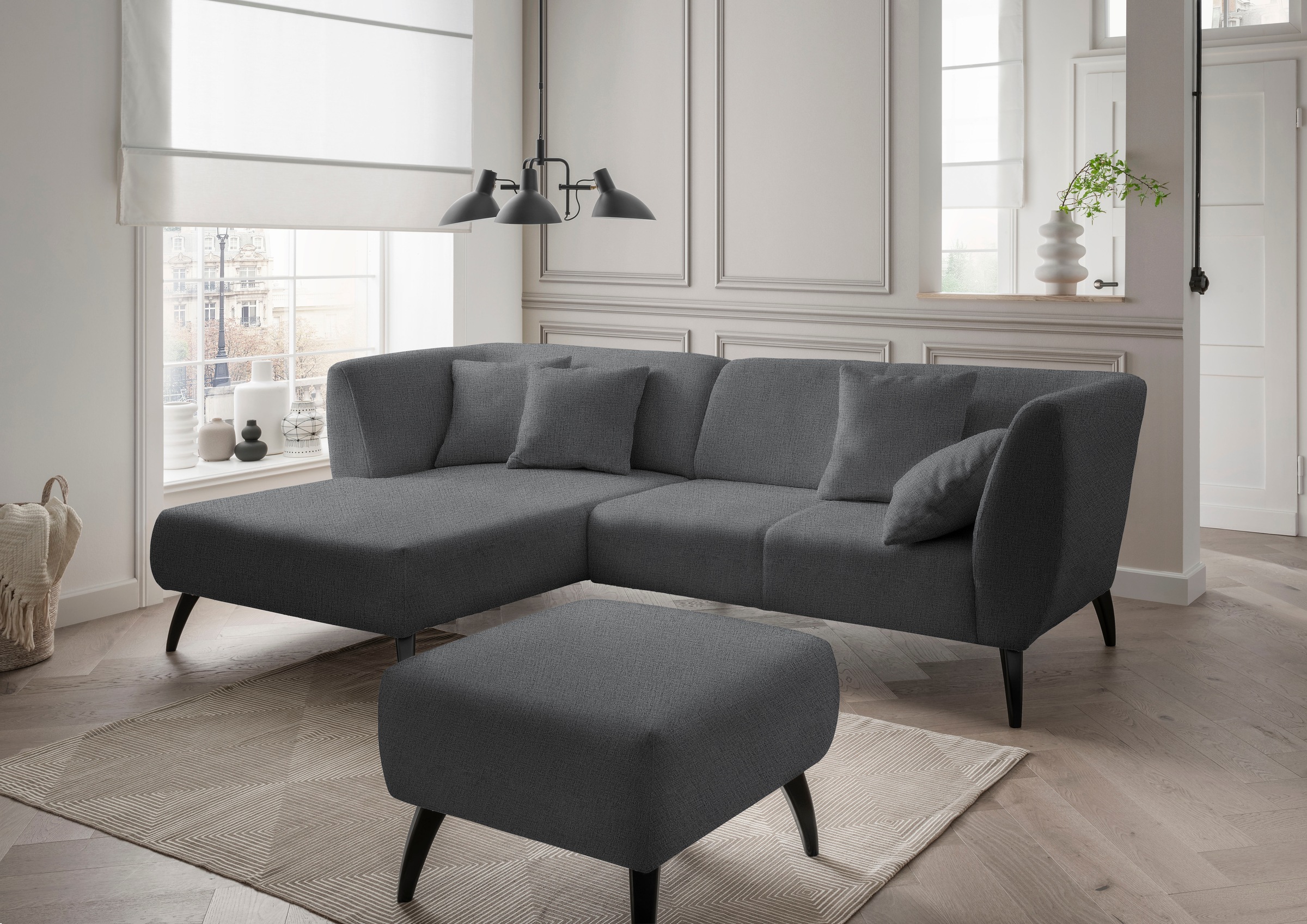 Home affaire Ecksofa "Lazio modern und bequem, schmale Armlehnen, tolle Detailverarbeitung" Holzfußfarbe wählbar, inkl. 4x Zierkissen