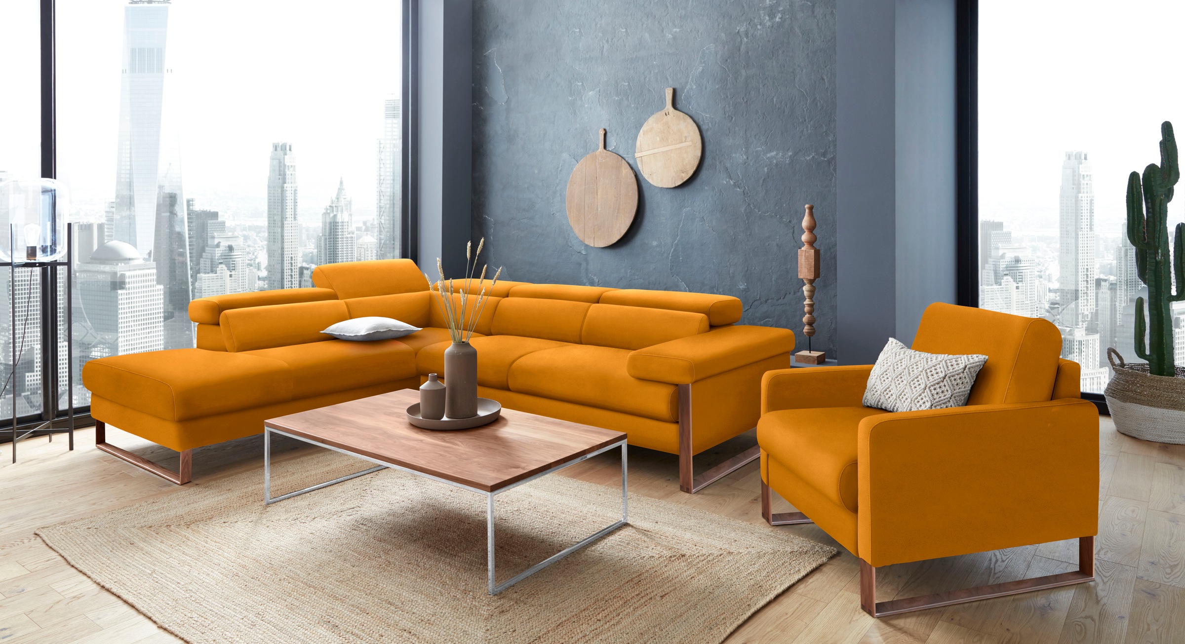 W.SCHILLIG Ecksofa »finn, Designsofa mit tollem Sitzkomfort, bequem, L-Form«, German Design Award 2016, Fußgestell Nussbaum natur, Breite 281 cm