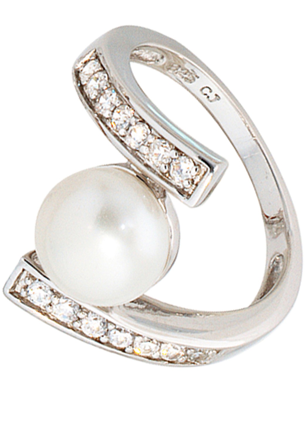 Perlenring JOBO "Ring mit Perle und 14 Zirkonia" Gr. 60, silber (silber 925), Fingerringe, Damen, 60, Perlen Silber 925 (Sterlingsilber), Perlen, Silber 925 (Sterlingsilber), Perlenring, 925 Silber rhodiniert