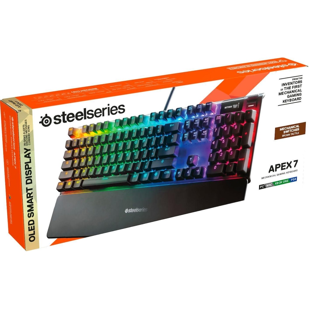 SteelSeries Gaming-Tastatur »Apex 7 Brown Switch«, (Smart-Display-Handgelenkauflage-Profil-Speicher-Multimedia-Tasten-USB-Durchschleife)