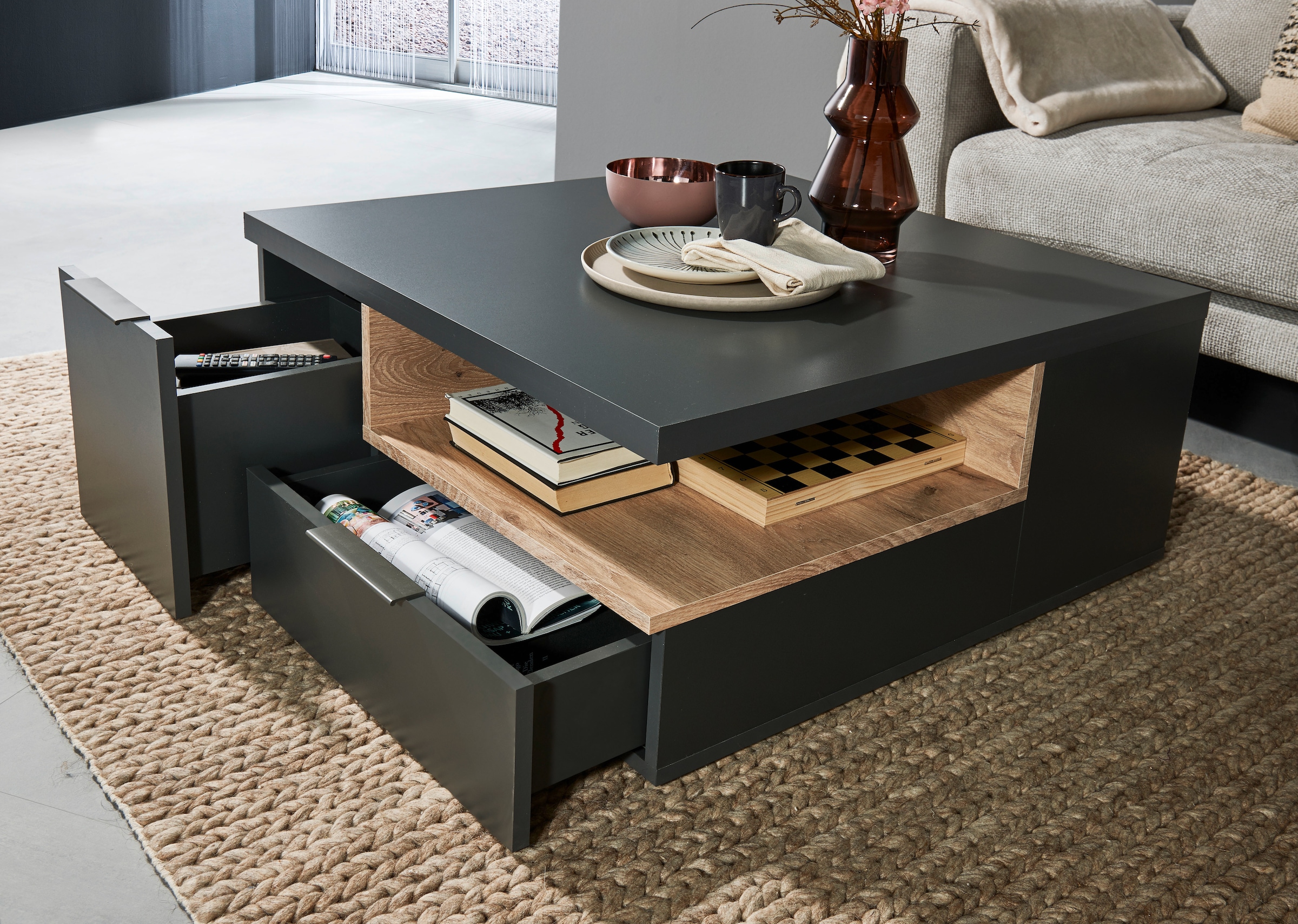 Stolkom Couchtisch "TOPSELLER" 80x80 cm, Wohnzimmertisch mit Schubkästen, melaminbeschichtet