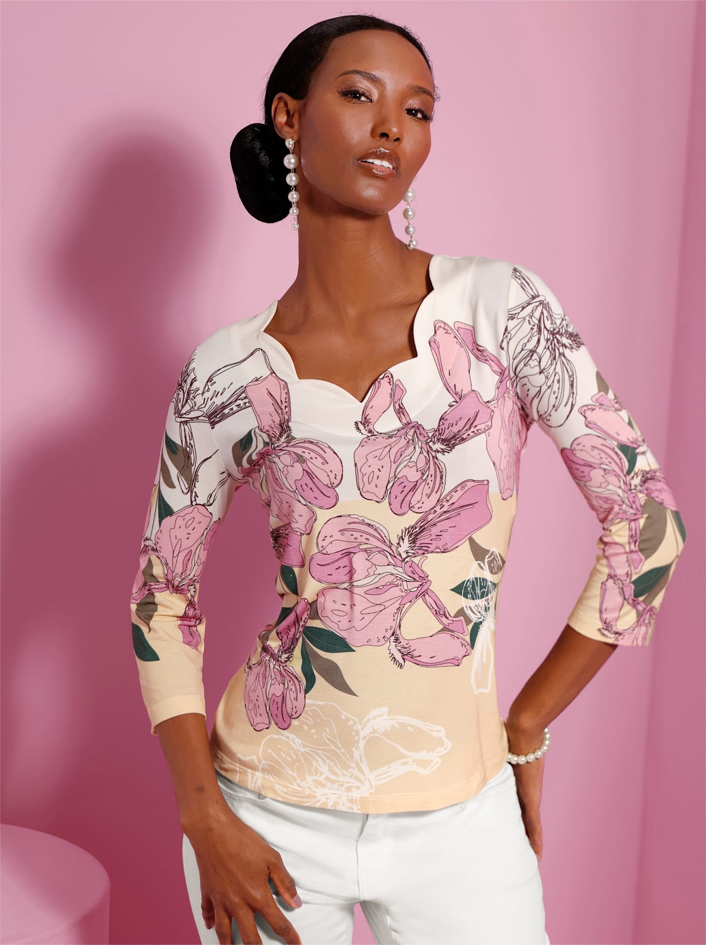 Print-Shirt CREATION L "Druck-Shirt", Damen, Gr. 44, ecru, orchidee, bedruckt, 95% Modal, 5% Elasthan, gemustert, mehrfarbig, V-Ausschnitt, Shirts 3