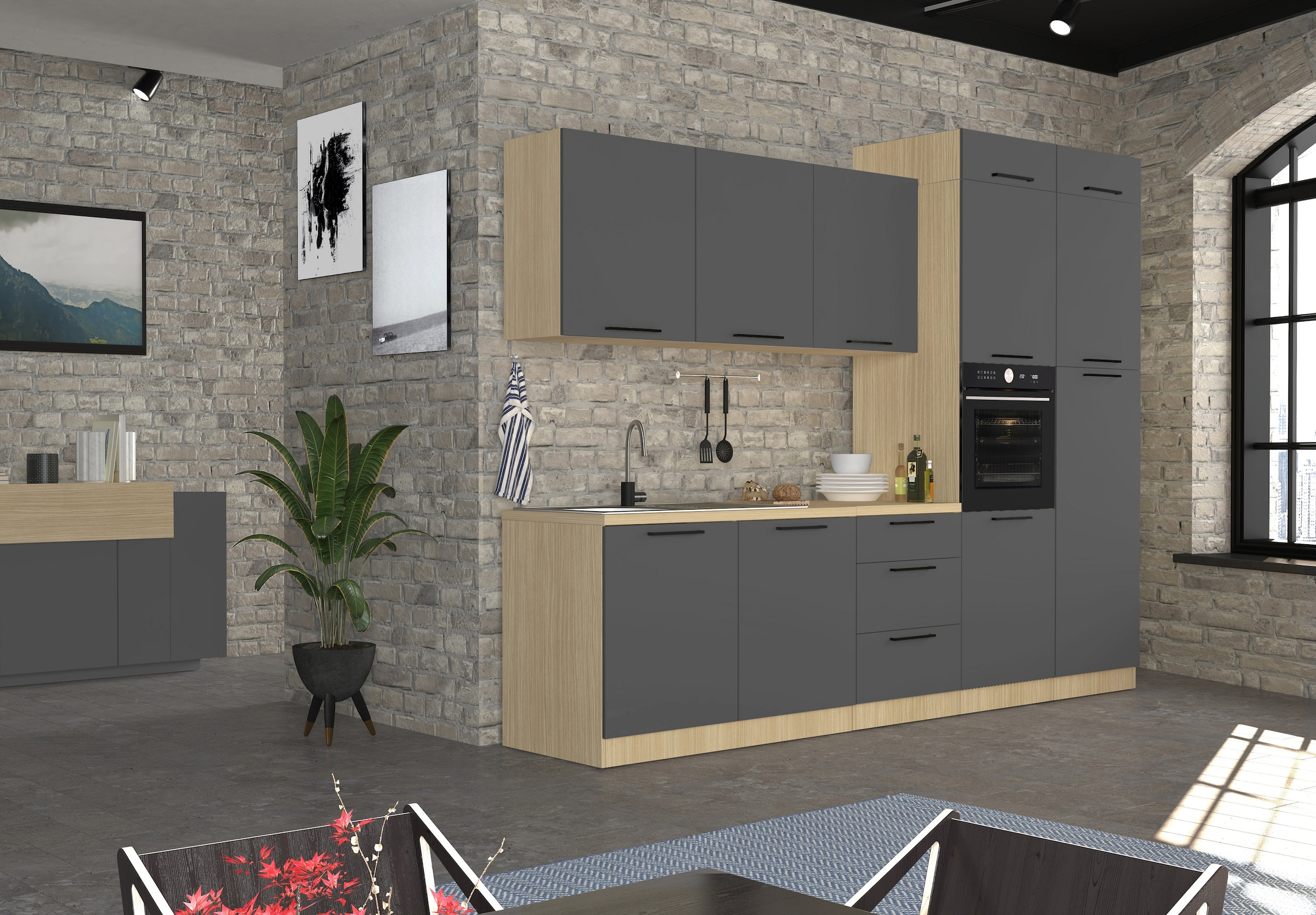 KOCHSTATION Küchenzeile »Luna, Küchenzeile mit Spüle + Siphon, ohne E-Geräte« Breite 182 cm,Türen mit Soft-Close Funktion, Metalgriffe,Made in Italy