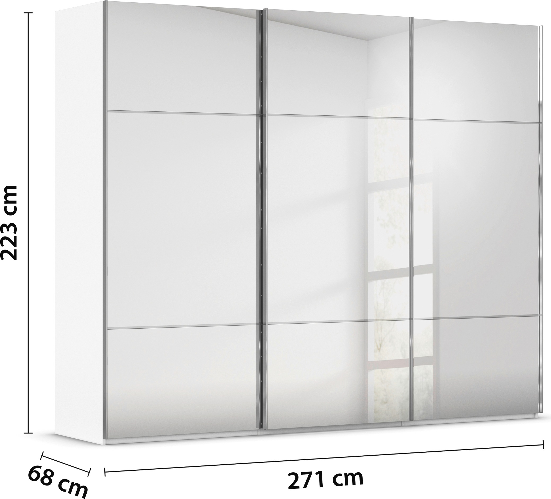 rauch Schwebetürenschrank »Kleiderschrank Schrank Garderobe Schlafzimmerschrank SCALE-TRIO«, edle dreigeteilte Front mit 2 Zierleisten Spiegelfront MADE IN GERMANY