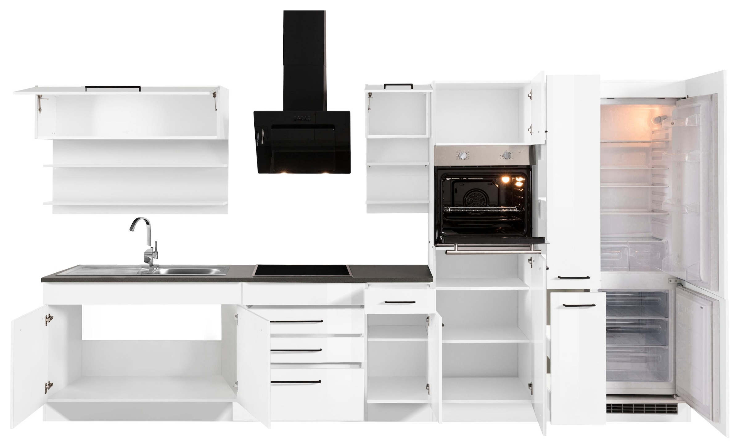 KOCHSTATION Küchenzeile »KS-Tulsa«, ohne E-Geräte, Breite 380 cm, schwarze Metallgriffe, MDF Fronten