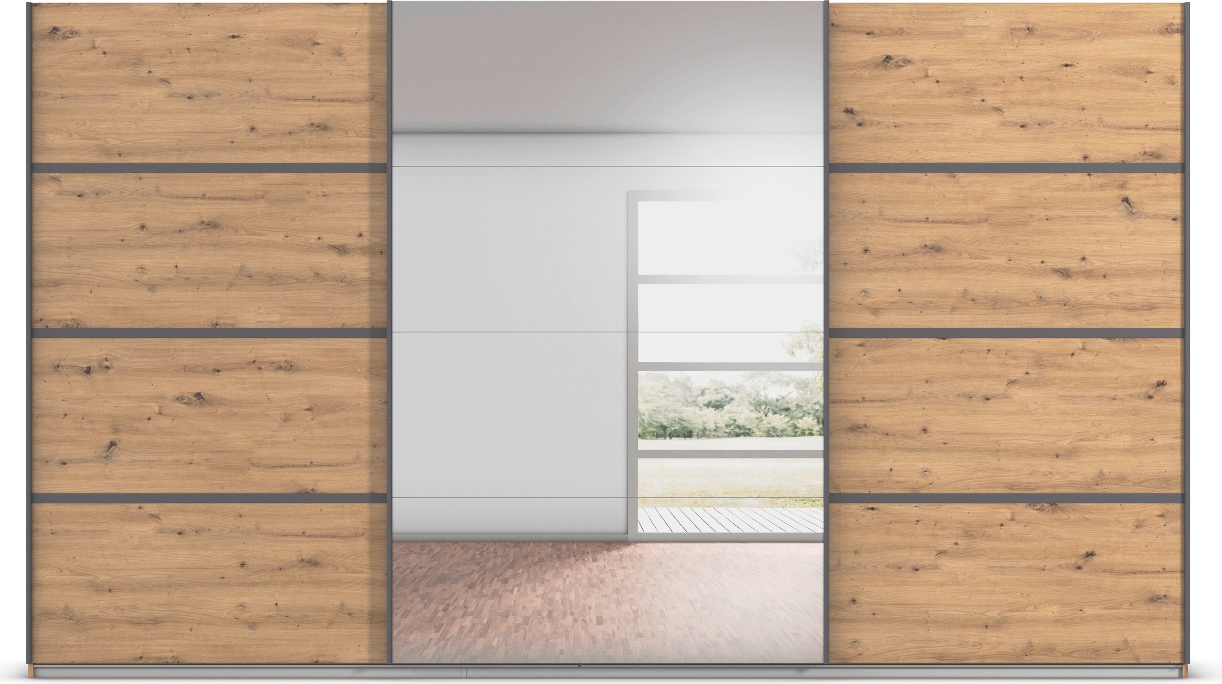 rauch Kleiderschrank »Schwebetürenschrank OTTO´s Choice Garderobe Schrank TOP ANGEBOT Avola«, (in 3 verschiedenen Ausstattungen BASIC/CLASSIC/PREMIUM inkl. Spiegel), mit eleganten Zierleisten in Chrom, Schwarz oder Weiß MADE IN GERMANY