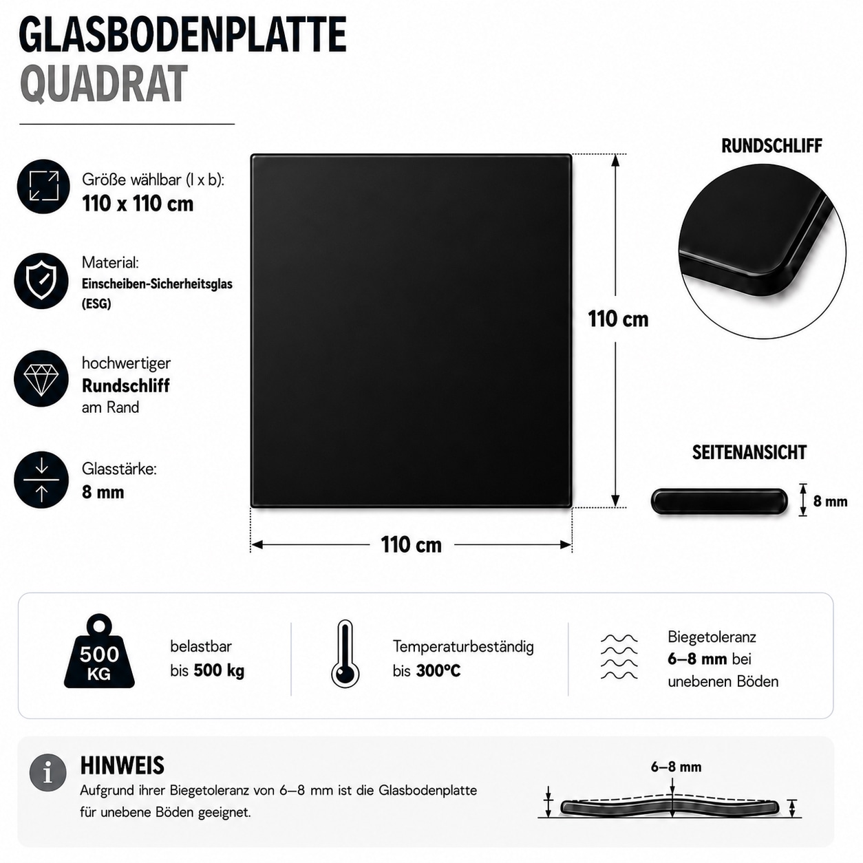 Hanseatic Bodenschutzplatte »Quadrat Glas Schwarz 110x110x0,8« Funkenschutzplatte