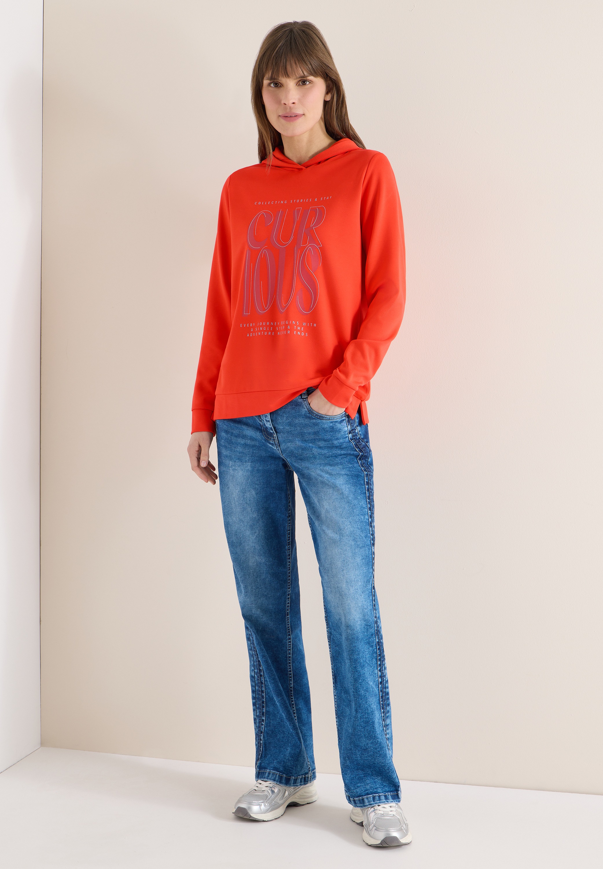 Langarmshirt CECIL, Damen, Gr. M (40), cherry tomato orange, Stoff, 72% Viskose, 25% Polyester, 3% Elasthan, bedruckt, comfort fit normal, ohne Ausschnitt, Bündchen, Shirts Langarmshirt, mit Wording-Print 3