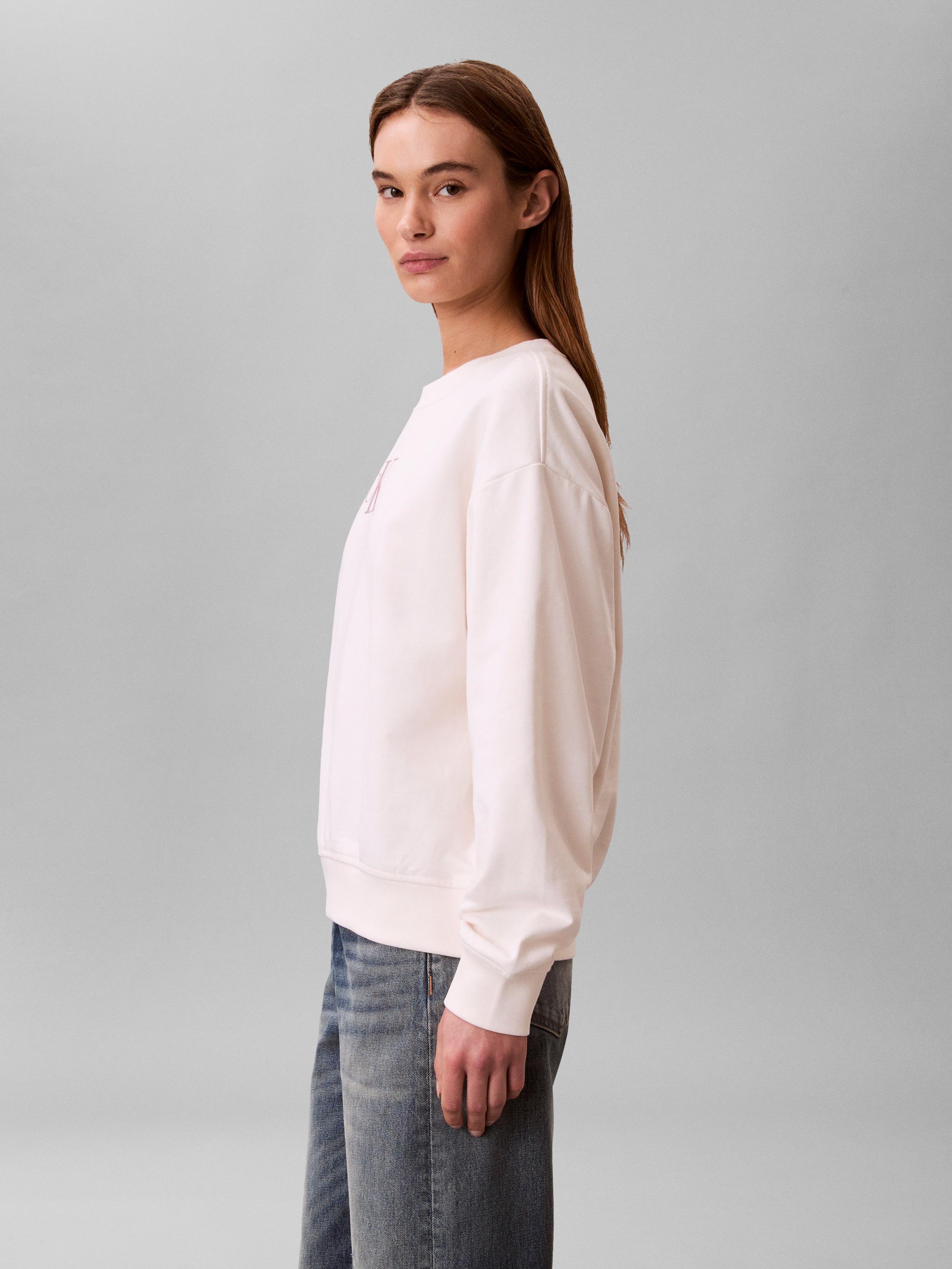 Sweatshirt CALVIN KLEIN JEANS, Damen, Gr. XL (44), weiß greige, Sweatware, Obermaterial: 86% Baumwolle, 14% Polyester, unifarben, regular fit kurz, Rundhals, eingesetzt Rippstrickbündchen, Sweatshirts Sweatshirt, Regular fit mit Rundhalsausschnitt 2