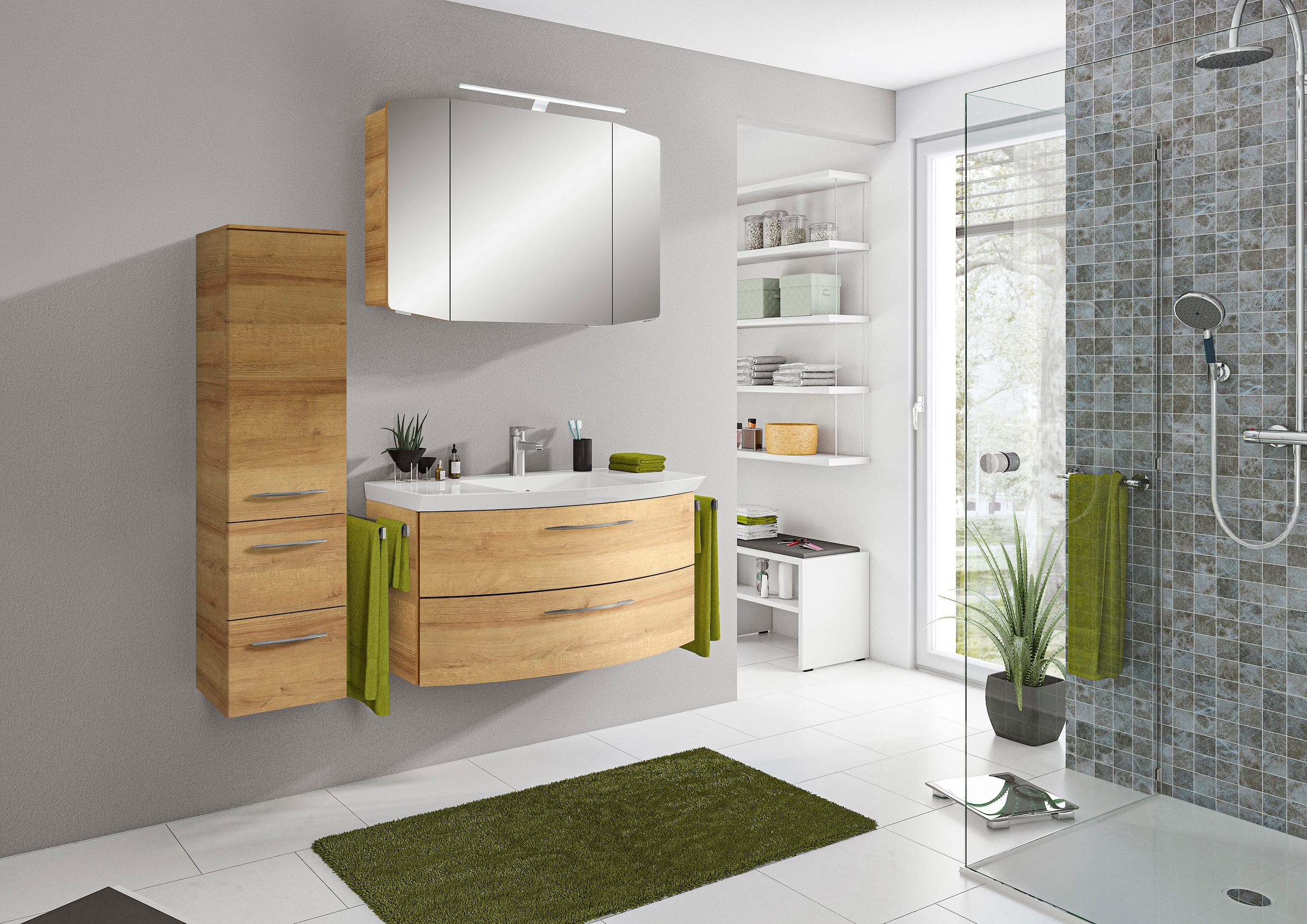 Saphir Badmöbel-Set »Cassca Sprint 3-teilig Mineralmarmor-Waschtisch mit LED-Spiegelschrank«, (4 St.), Midischrank, inkl. Türdämpfer, 4 Türen, 4 Schubladen