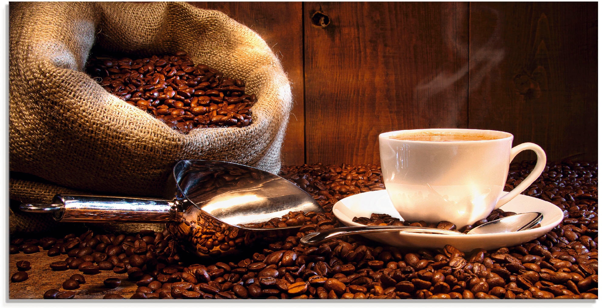 Artland Glasbild "Kaffeetasse und Leinensack auf Tisch", Getränke, (1 St.), in verschiedenen Größen