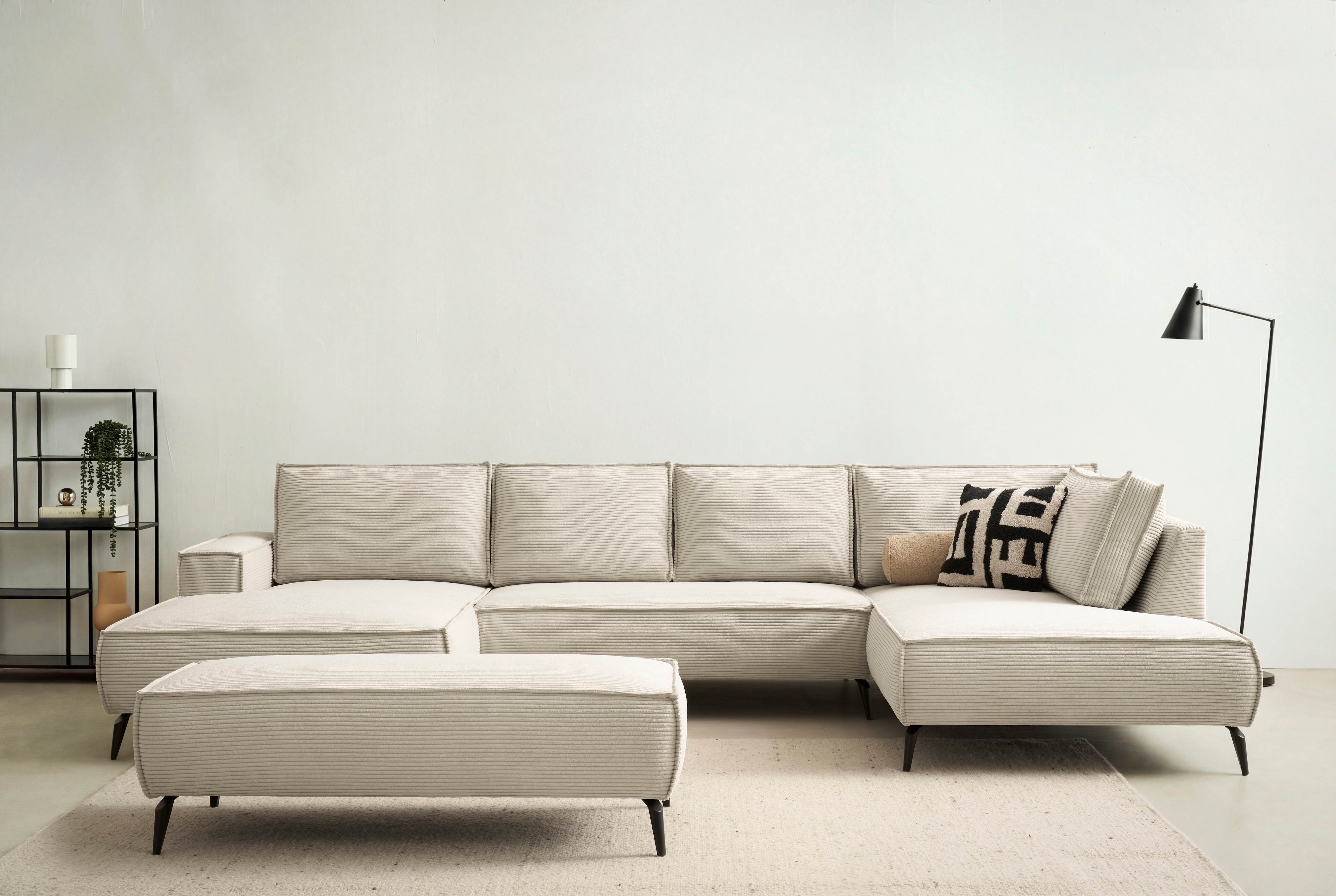 OTTO home Wohnlandschaft "TVINNU Cord, 354 cm, mit Hocker" Recamiere rechts/links, stellbar zum Schlafsofa (Krokodilverbinder)