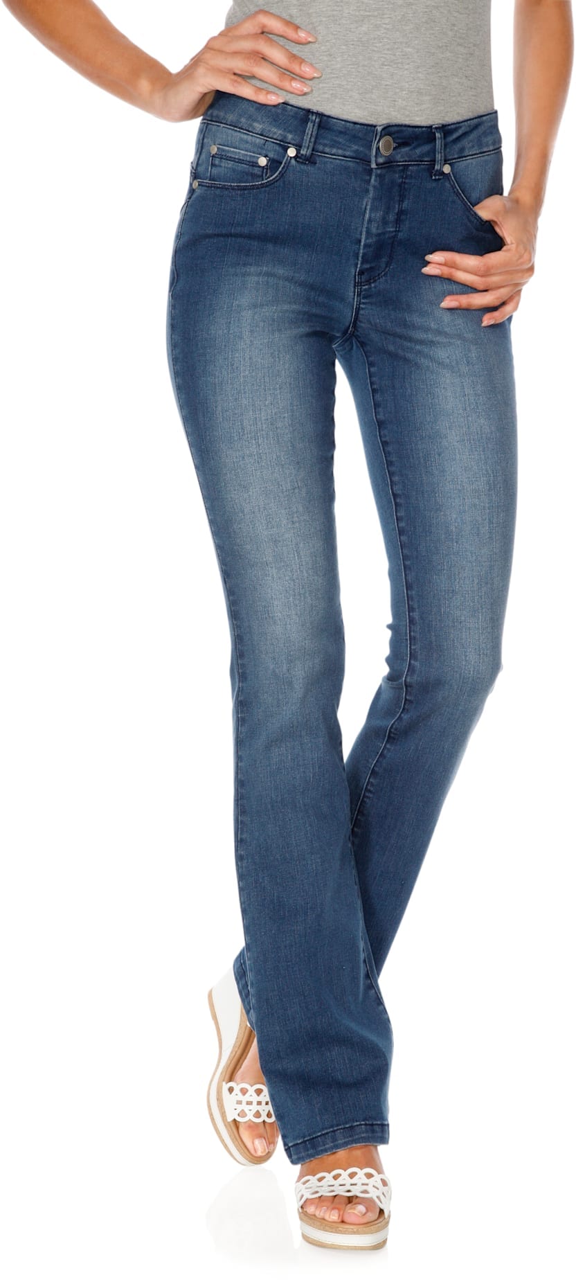 Bootcut-Jeans HEINE, Damen, Gr. 42, Normalgrößen, blau (blau denim), 76% Baumwolle, 16% Polyester, 7% Viskose, 1% Elasthan, Miedereinsatz:15% Elasthan, 85% Polyamid, unifarben, lang, Jeans