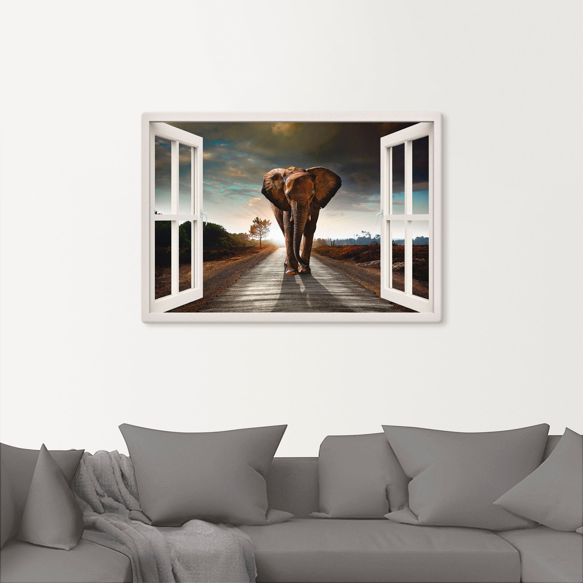 Artland Wandbild »Elefant auf Straße«, Fensterblick, (1 St.), als  Leinwandbild, Wandaufkleber oder Poster in versch. Größen kaufen | BAUR | Poster