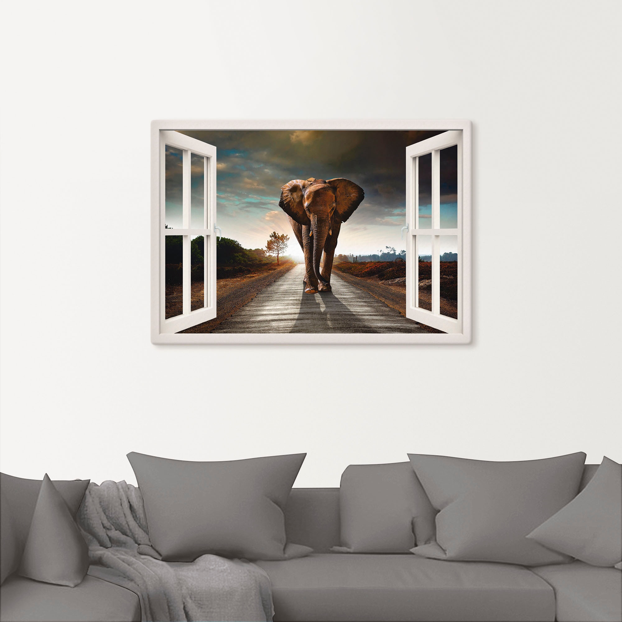 Artland Wandbild "Elefant auf Straße", Fensterblick, (1 St.), als Leinwandb günstig online kaufen