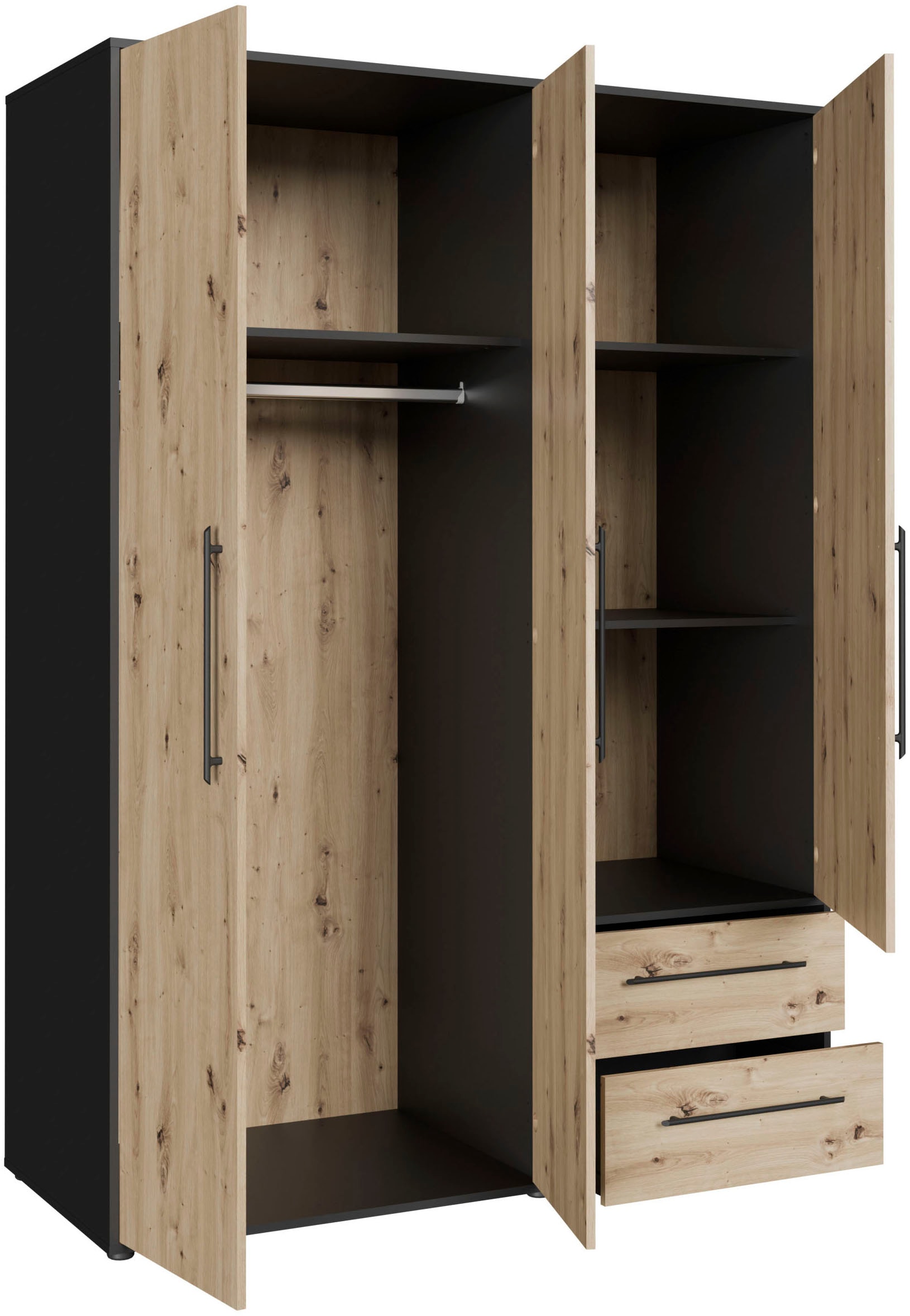 FORTE Drehtürenschrank »Mokkaris, TOPSELLER! 3 oder 4 Türen, zeitloses Design«, (BHT ca. 145x200x59cm oder BHT ca. 206x200x59cm), Schubladen + schwarze Stangengriffe, Made in Europe, viel Stauraum