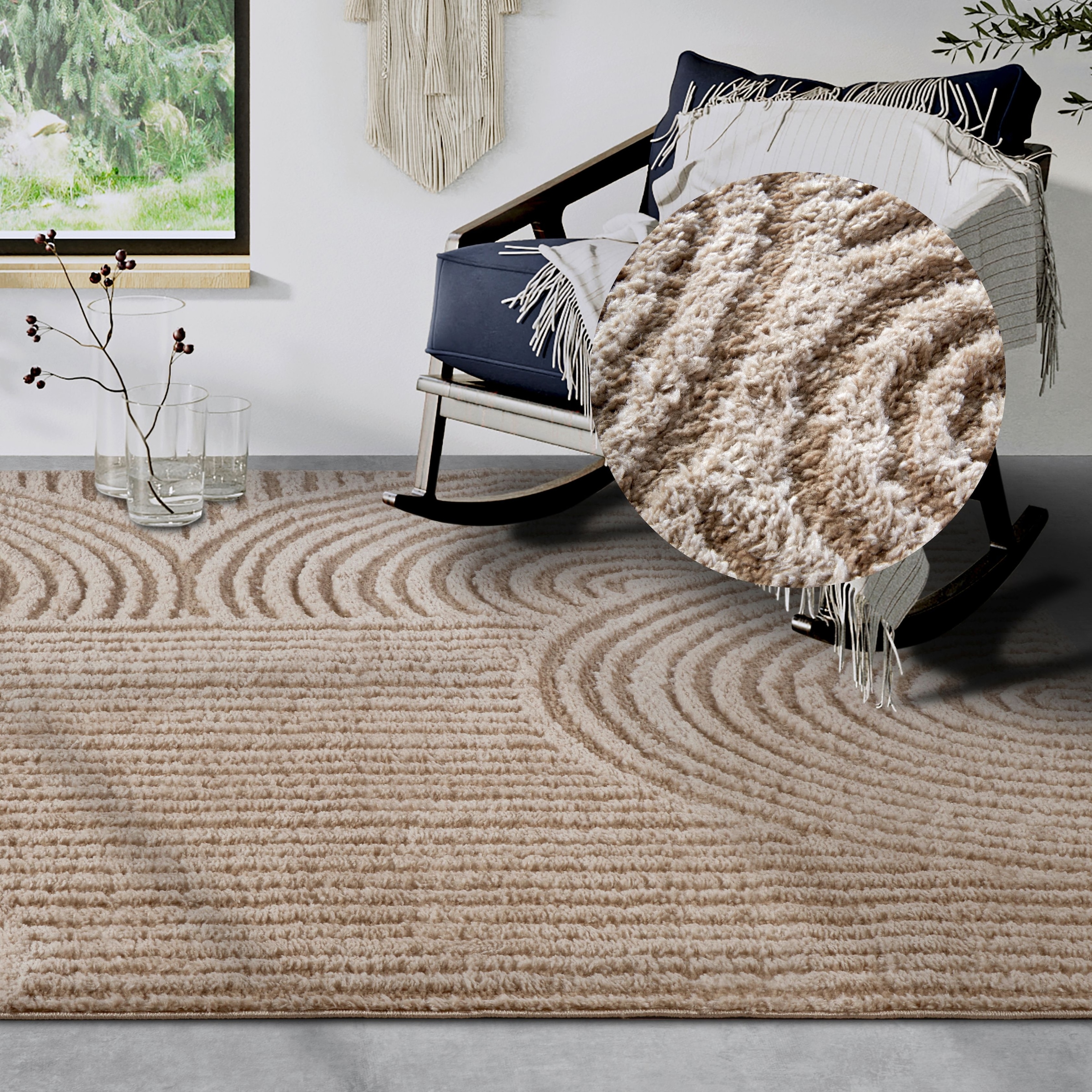 Designteppich ELLE DECORATION "Chappe", beige, B:160cm H:18mm L:235cm, Polyester, Teppiche, Shaggy, Läufer, flauschig, weich, Langflor, modern, Hoch Tief Effekt