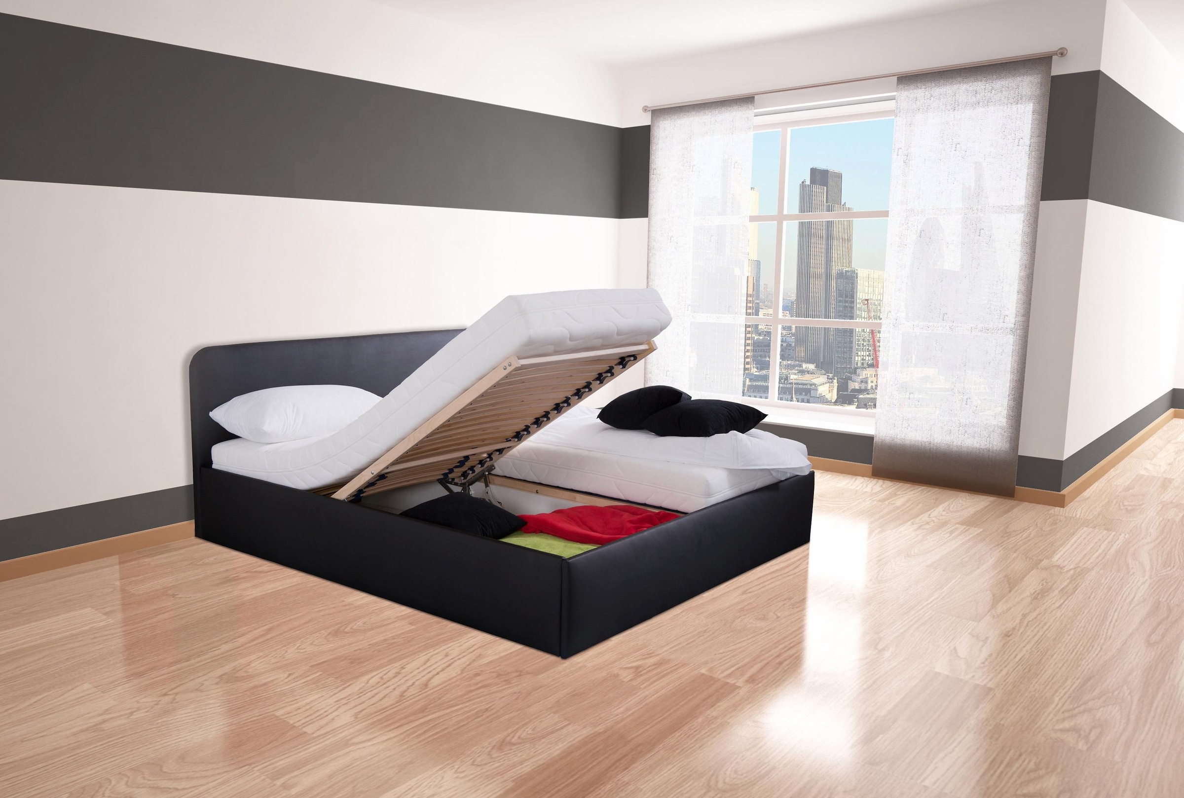 Polsterbett, schwarz, B:210cm L:210cm, Bezug Bett: wahlweise Microfaser (100% Polyester), Strukturstoff (77% Polyester, 23% Viskose) oder Kunstleder;Bonnell-Federkernmatratze: Mischgewebe (51% Polyprophlen, 39% Polyester, 10% Baumwolle);Kaltschaummatratze 8