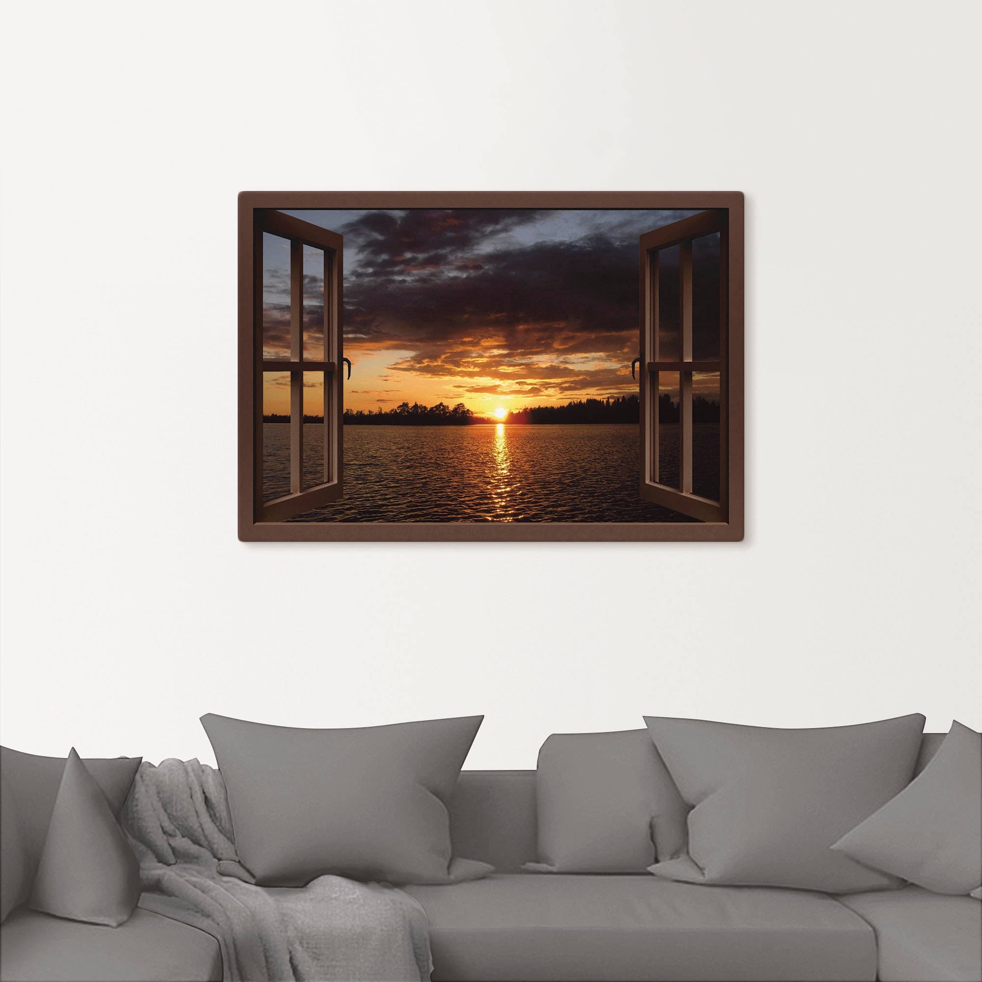 Artland Leinwandbild »Sonnenuntergang am See, braunes Fenster«, Seebilder, (1 St.), auf Keilrahmen gespannt
